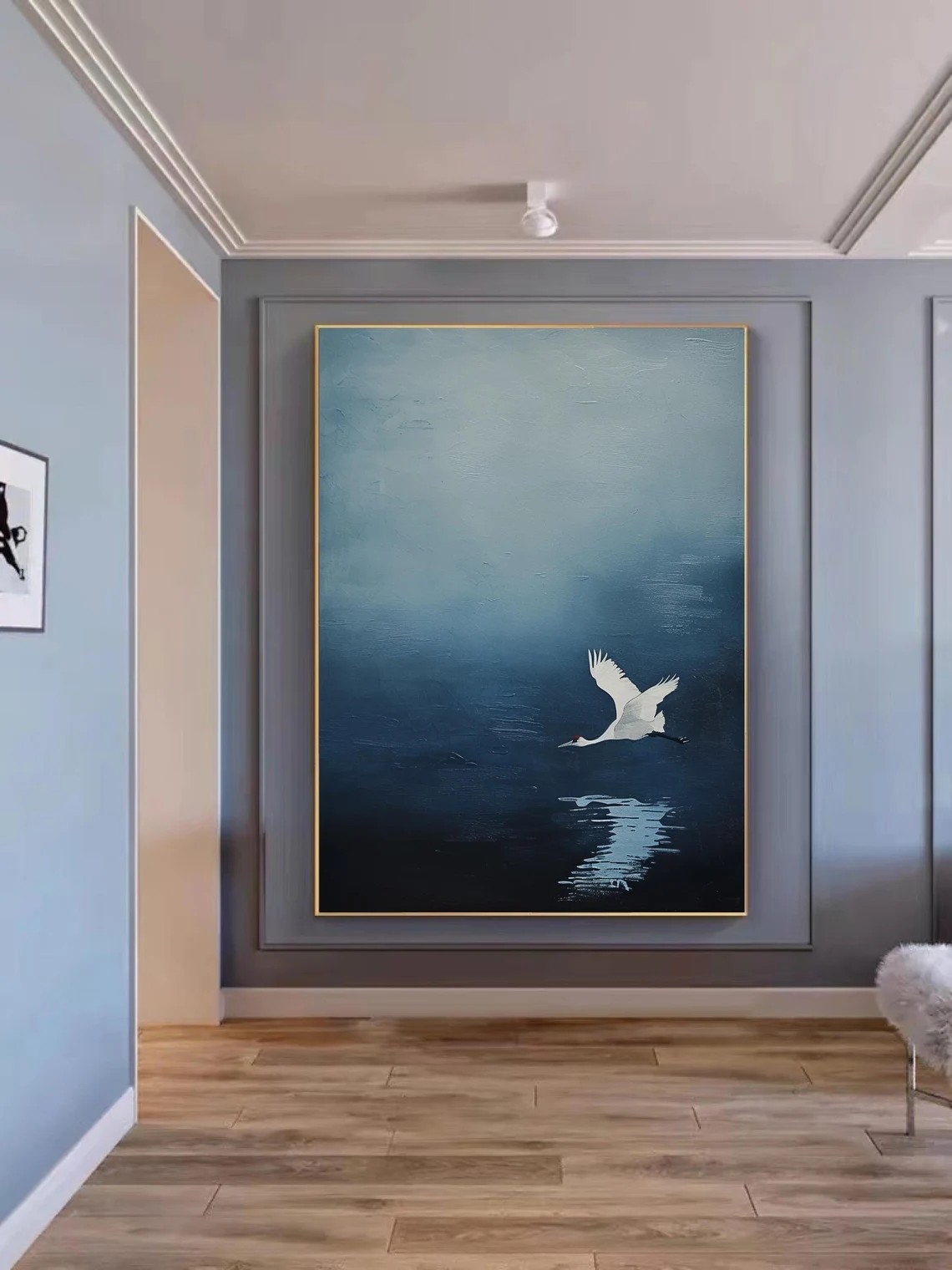 Tranquil Blue Minimalist Landscape Art With Crane in Flight #BGA 150