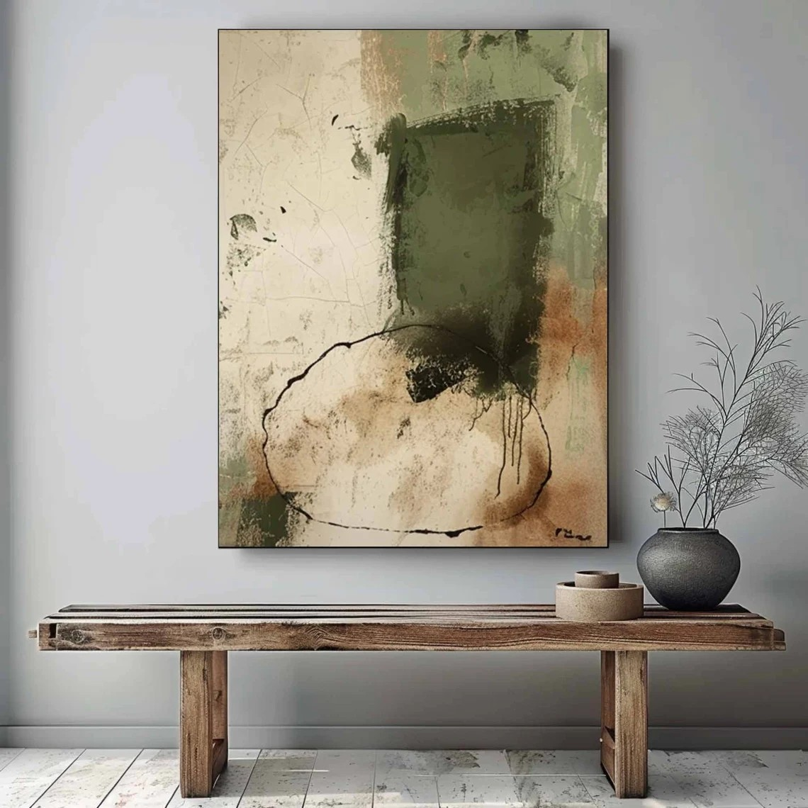 Green & Beige Abstract Painting, Wabi-Sabi Inspired Wall Art #BGA 141