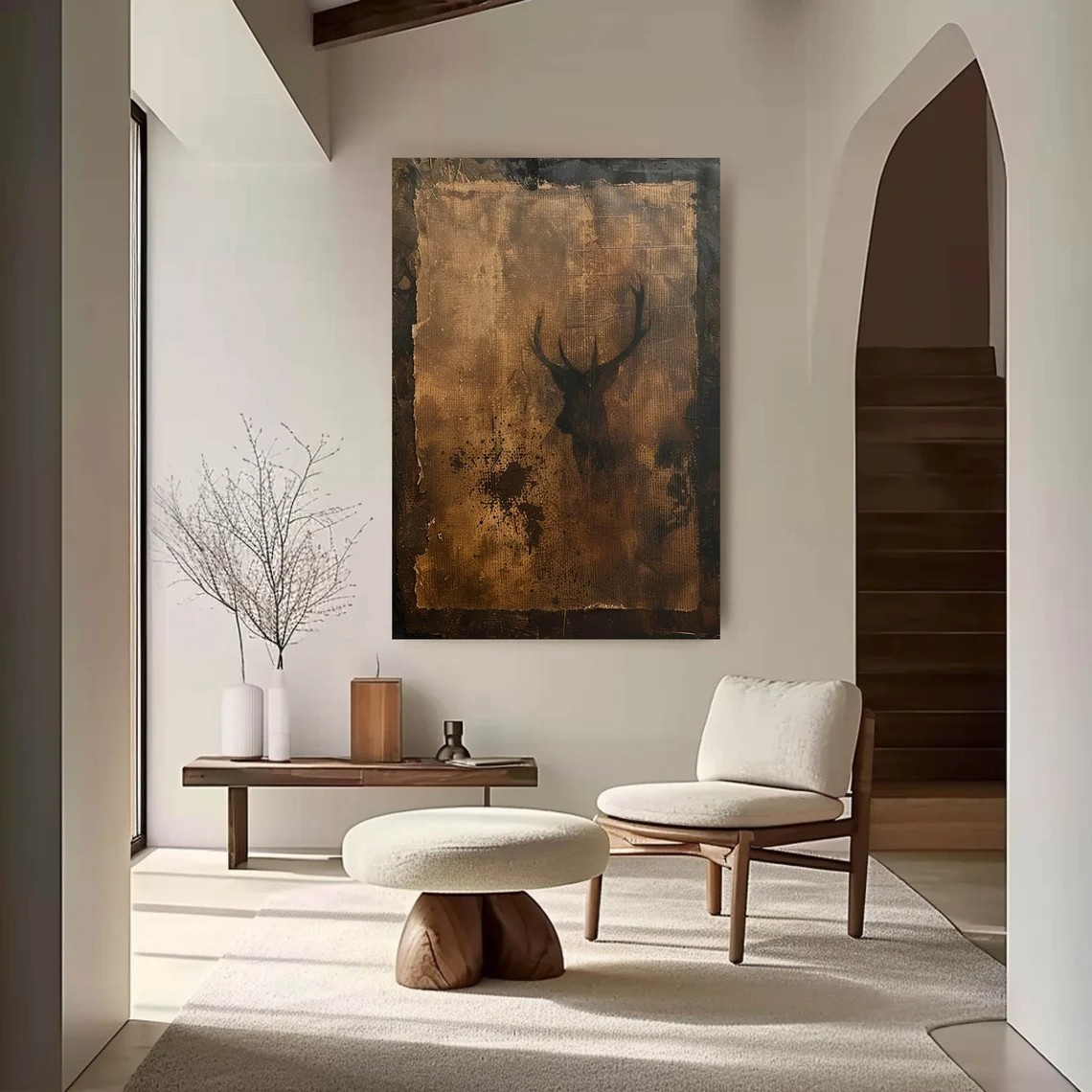 Wabi-Sabi Textured Canvas with Deer Abstract, Rustic Wall Art #BGA 134