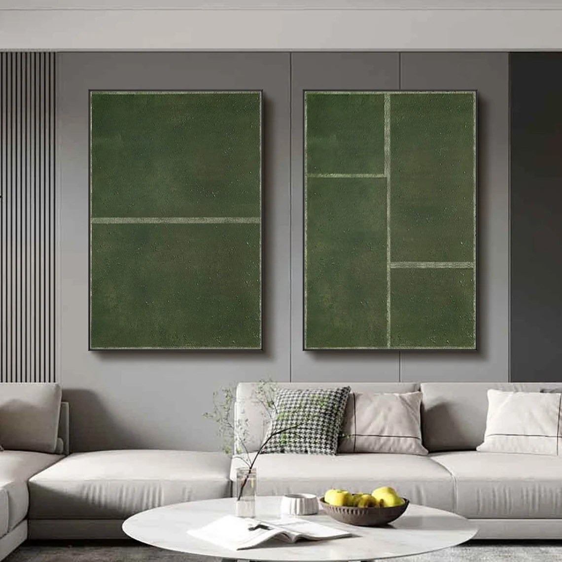 Green Geometric Diptych, Minimalist Abstract Art Set Of 2 #BGA 17