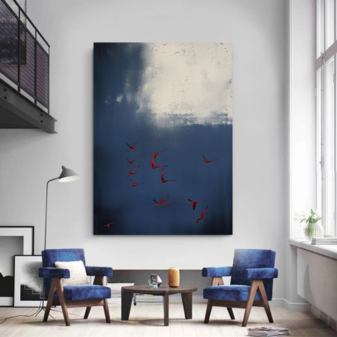 Surreal Dark Blue Sky With Red Birds, Unique Wall Decor #BGA 142
