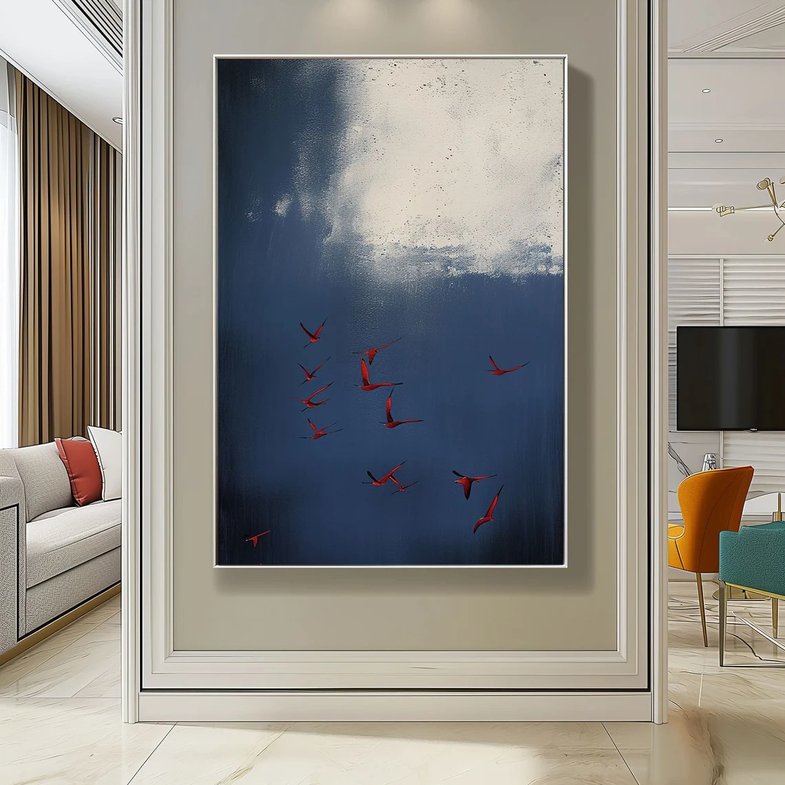 Surreal Dark Blue Sky With Red Birds, Unique Wall Decor #BGA 142