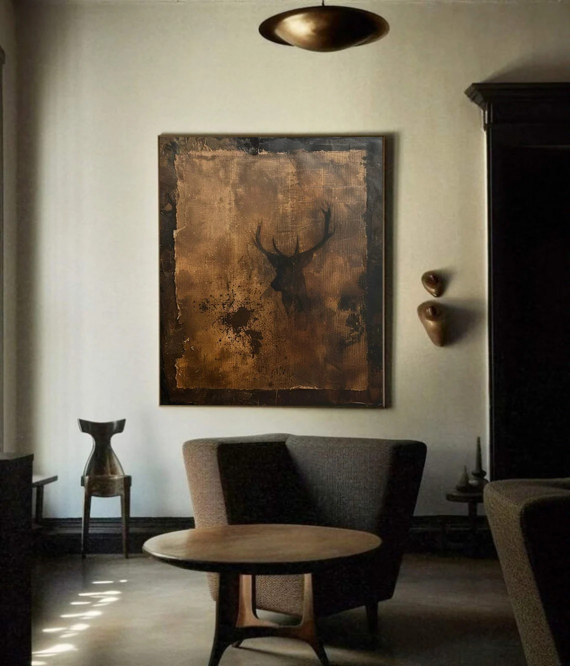 Wabi-Sabi Textured Canvas with Deer Abstract, Rustic Wall Art #BGA 134