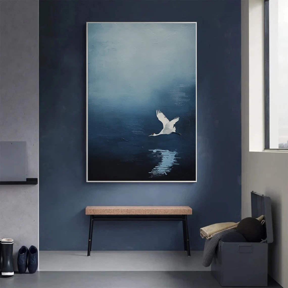 Tranquil Blue Minimalist Landscape Art With Crane in Flight #BGA 150