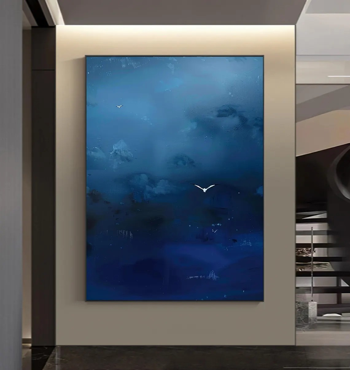 Dark Blue Sky Art With Minimalist Bird, Surreal Modern Decor #BGA 148