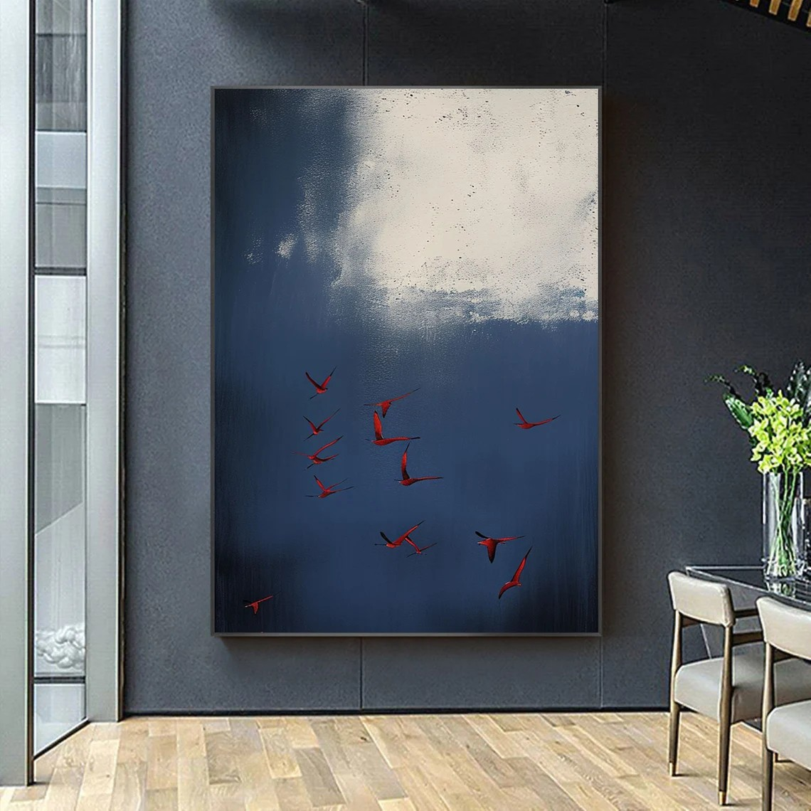 Surreal Dark Blue Sky With Red Birds, Unique Wall Decor #BGA 142