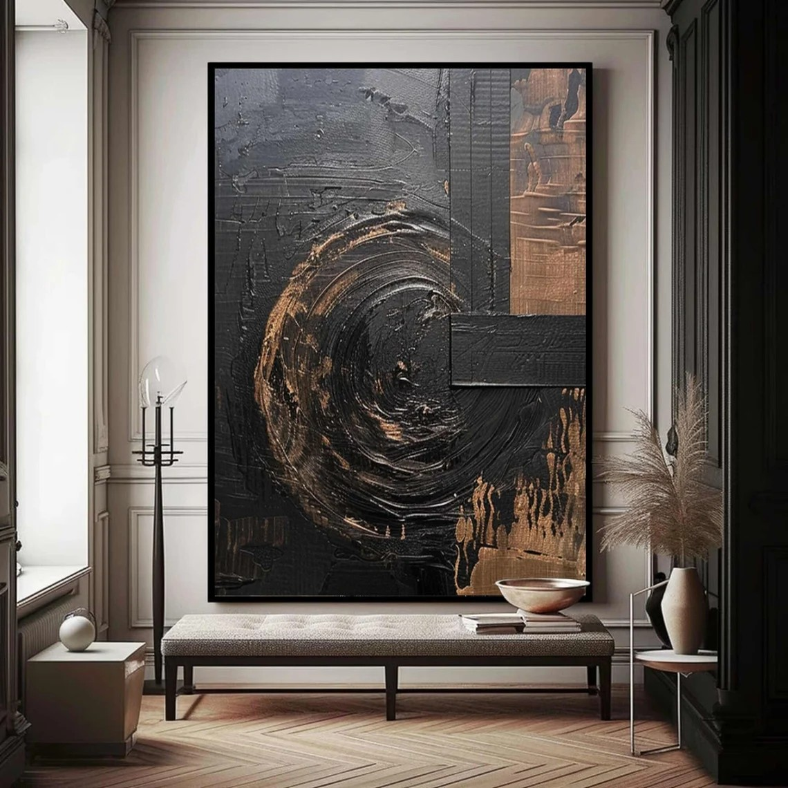 Dramatic Black and Bronze Wall Art, Textured Canvas #BGA 144