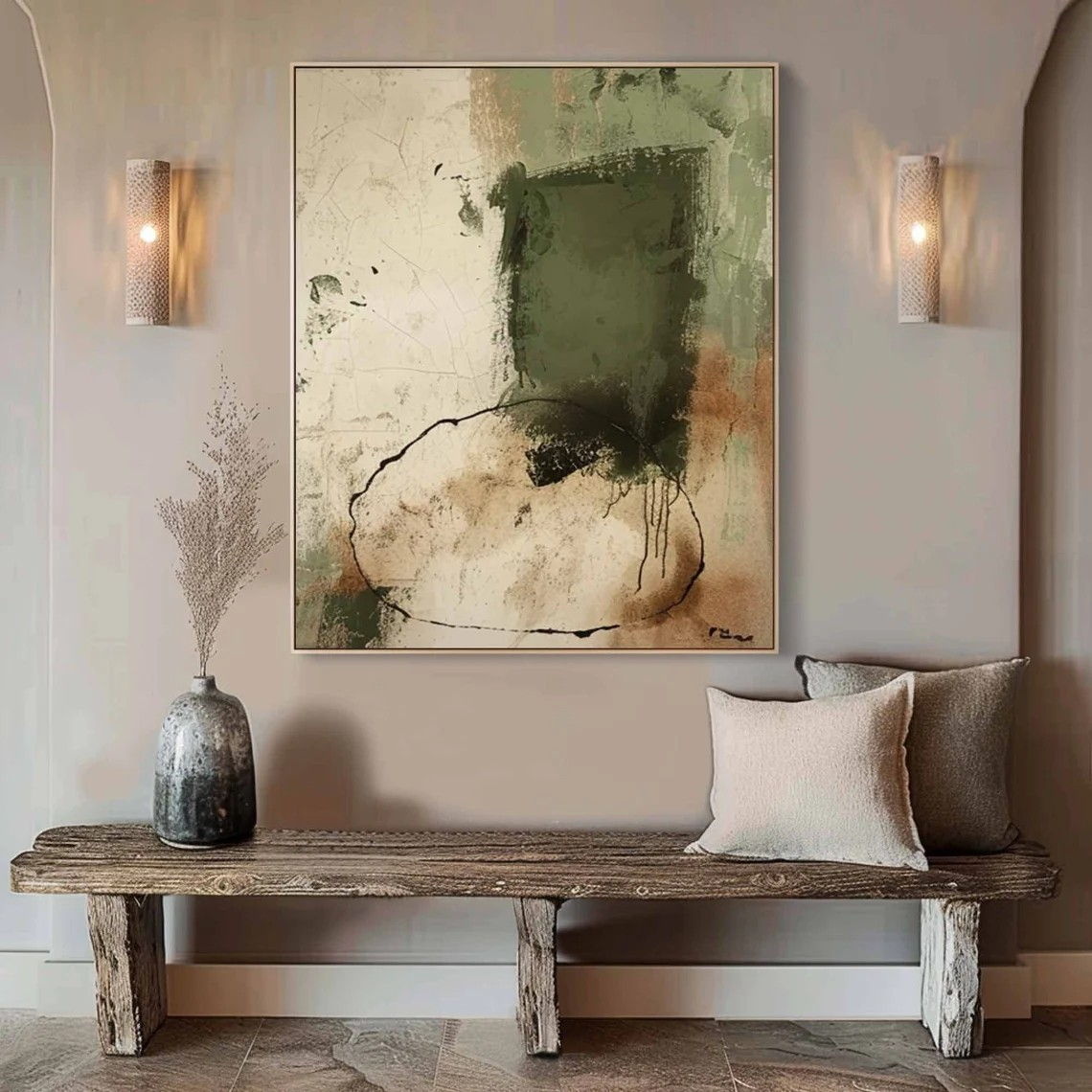 Green & Beige Abstract Painting, Wabi-Sabi Inspired Wall Art #BGA 141