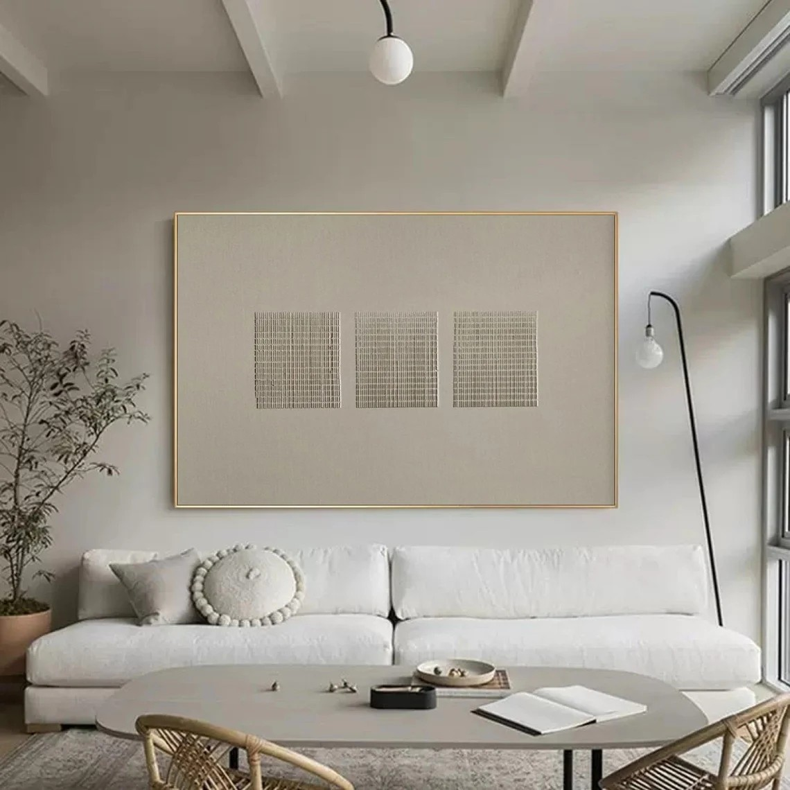 Beige Delicate Line Art Canvas With Minimalist Grid Design #BGA 140