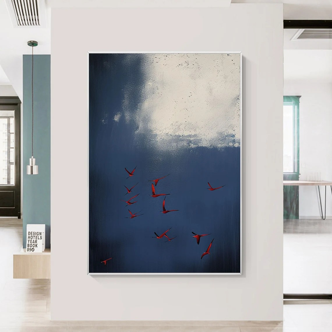 Surreal Dark Blue Sky With Red Birds, Unique Wall Decor #BGA 142