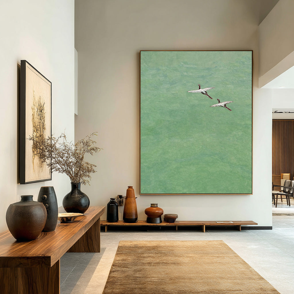 Two Birds Abstract Landscape - Textured Green Wall Decor #WG 085