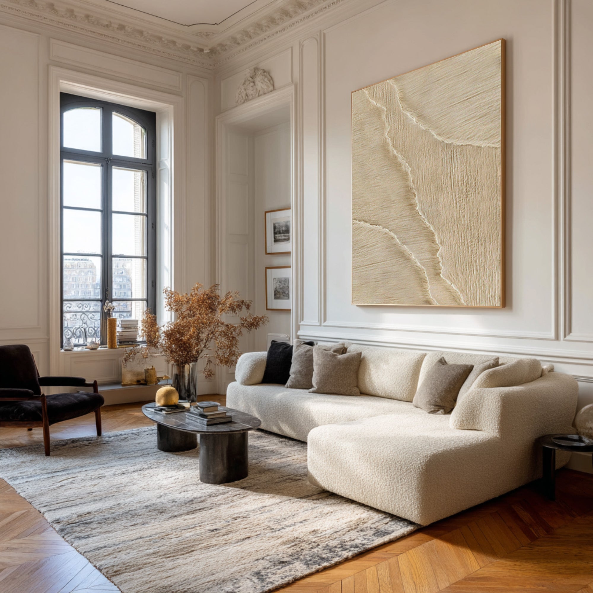 Tall Cream Relief Painting Contemporary Wall Sculpture #WG 069