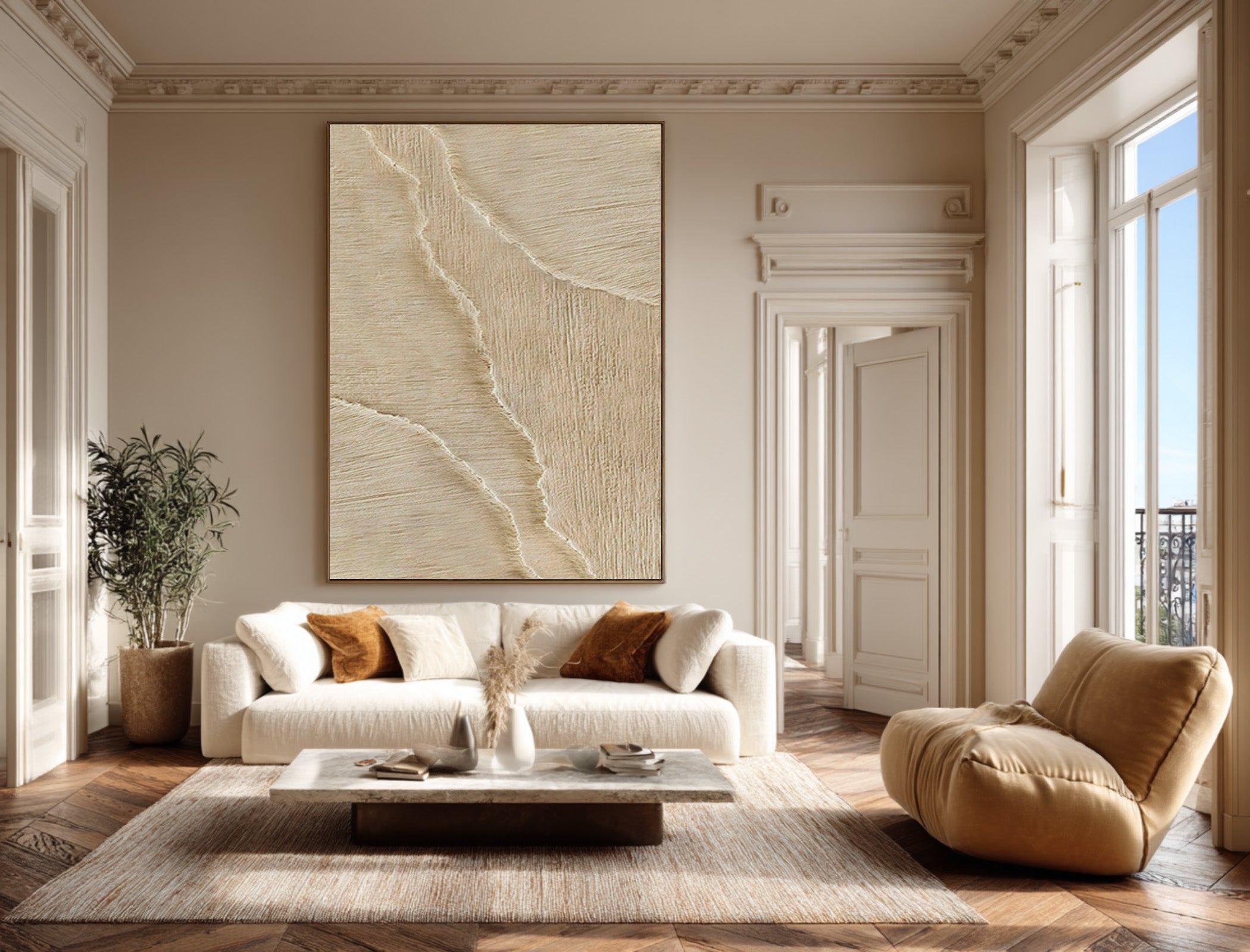 Tall Cream Relief Painting Contemporary Wall Sculpture #WG 069