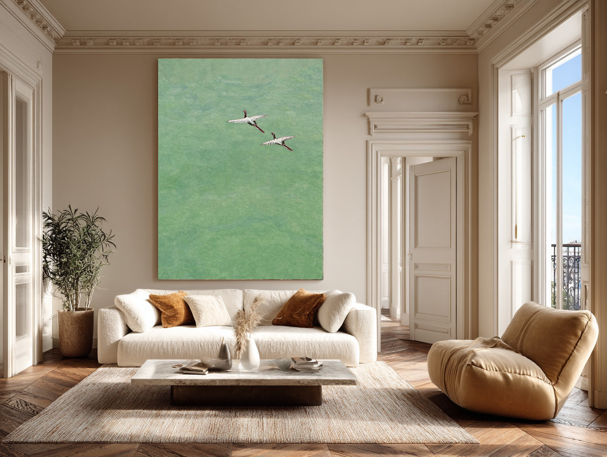 Two Birds Abstract Landscape - Textured Green Wall Decor #WG 085