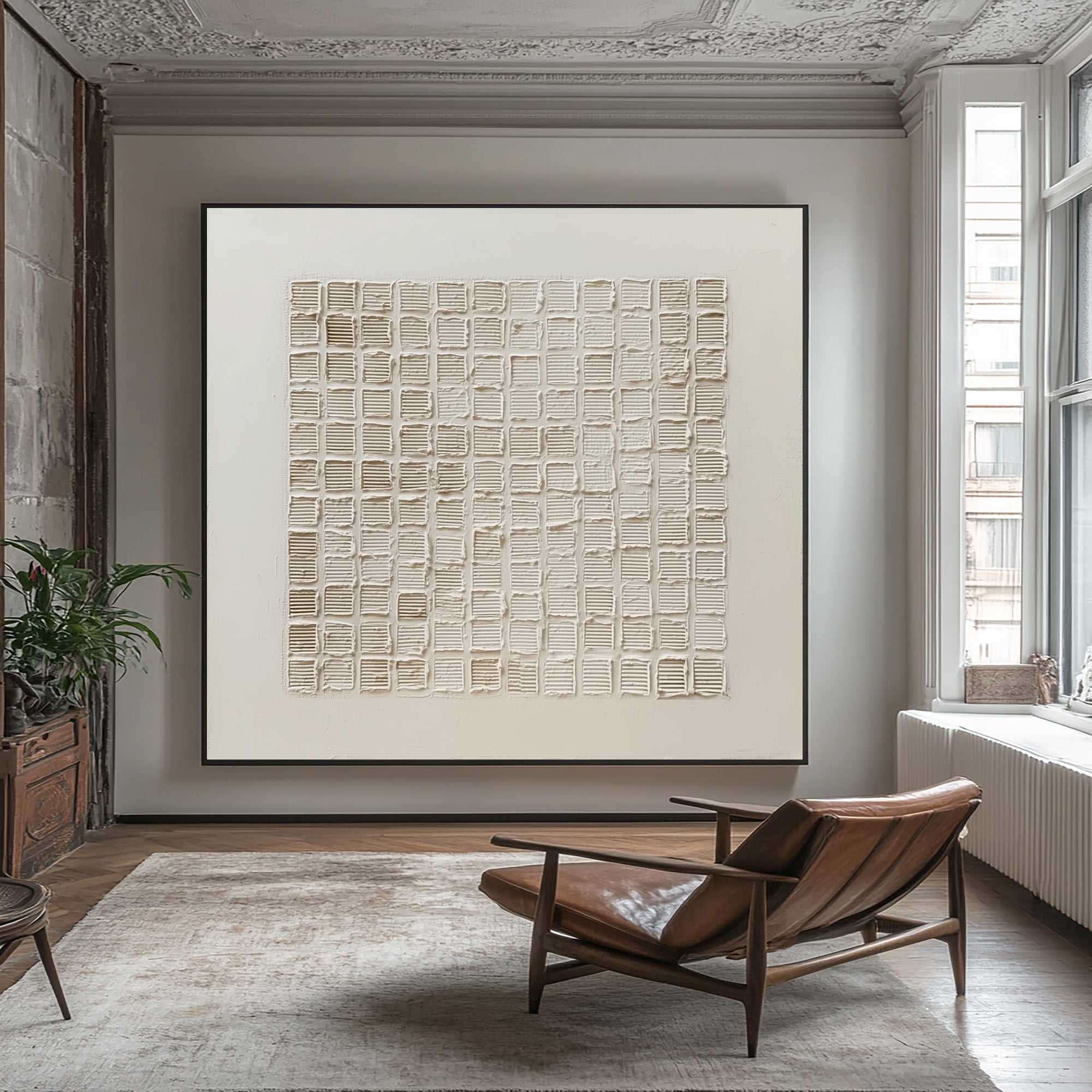 Modern Textured Wall Art White Cream Square Decor #WG 055