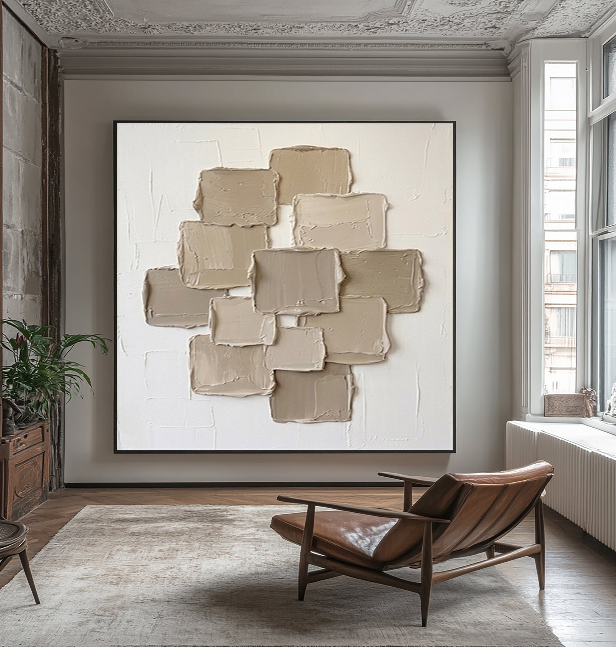 Large Beige Textured Canvas Art Modern Hand Painted Wall Decor