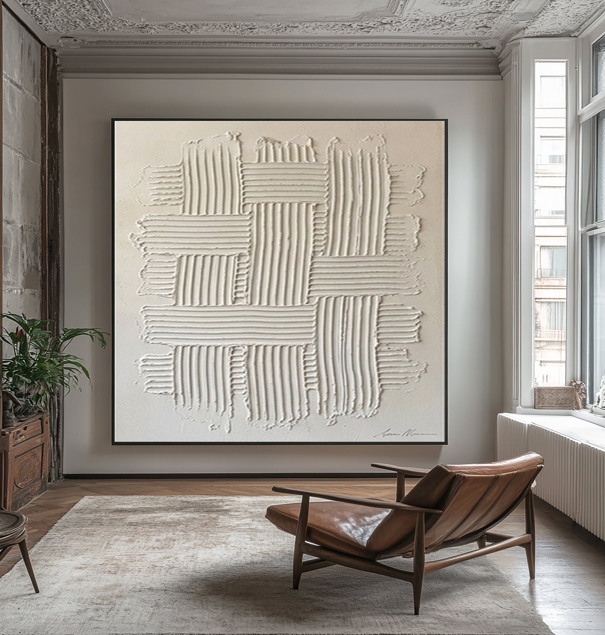 Large Woven Texture Wall Art Hand Painted Neutral Abstract Canvas