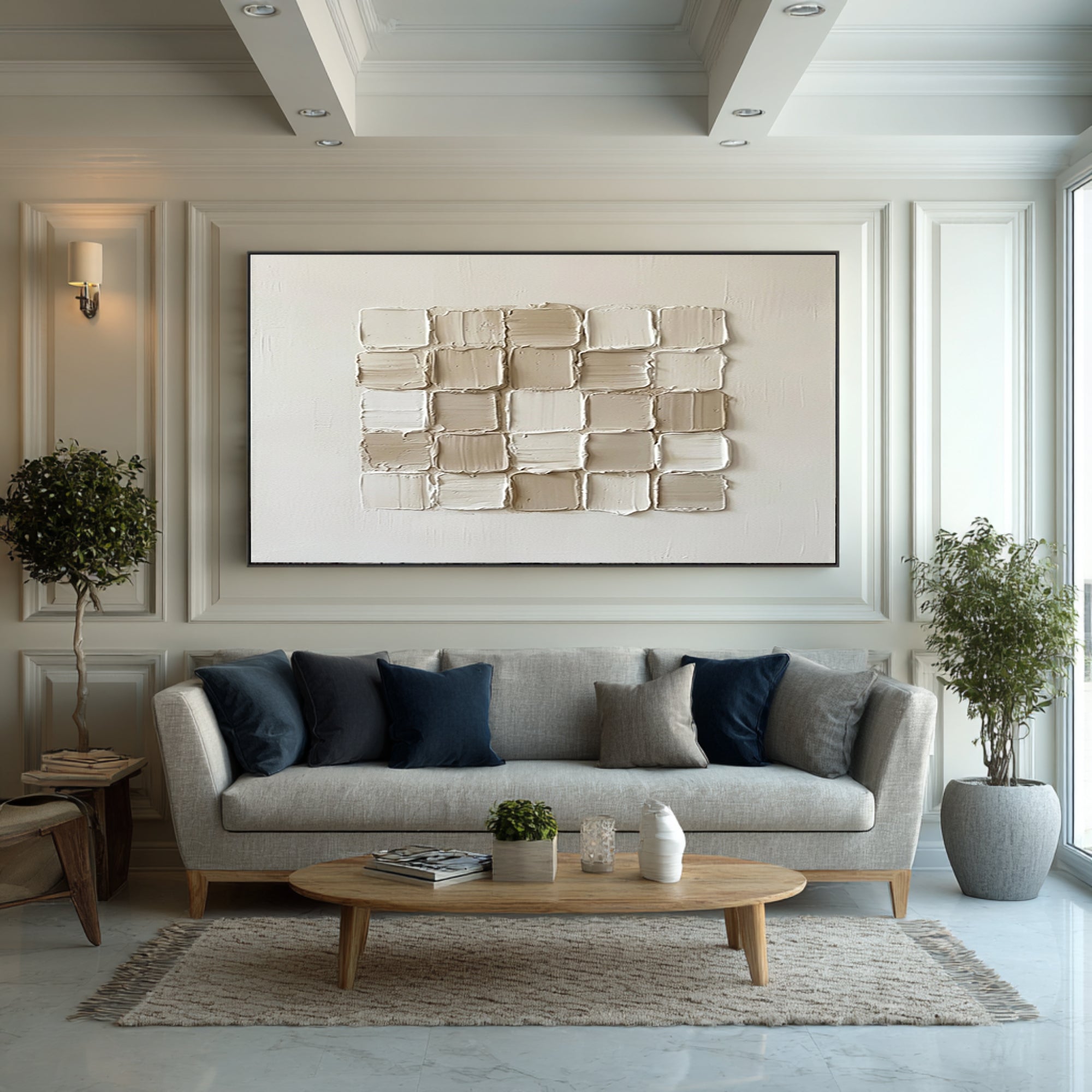 Large Beige Geometric Texture Wall Art Hand Painted Modern Canvas