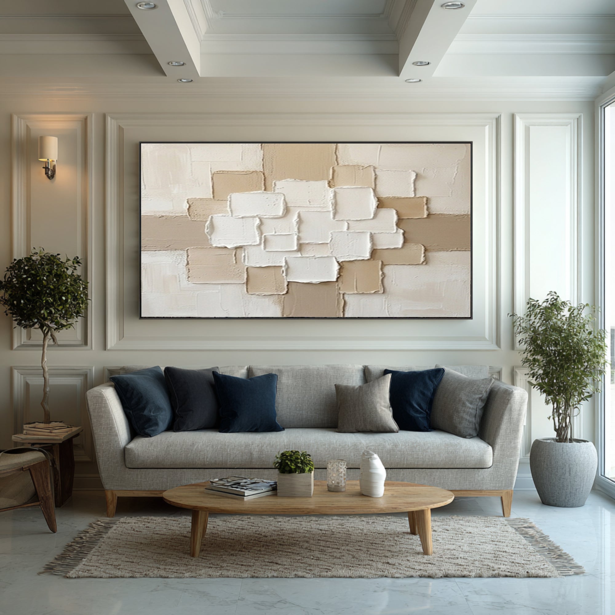 Large Beige Geometric Texture Painting Contemporary Neutral Wall Decor
