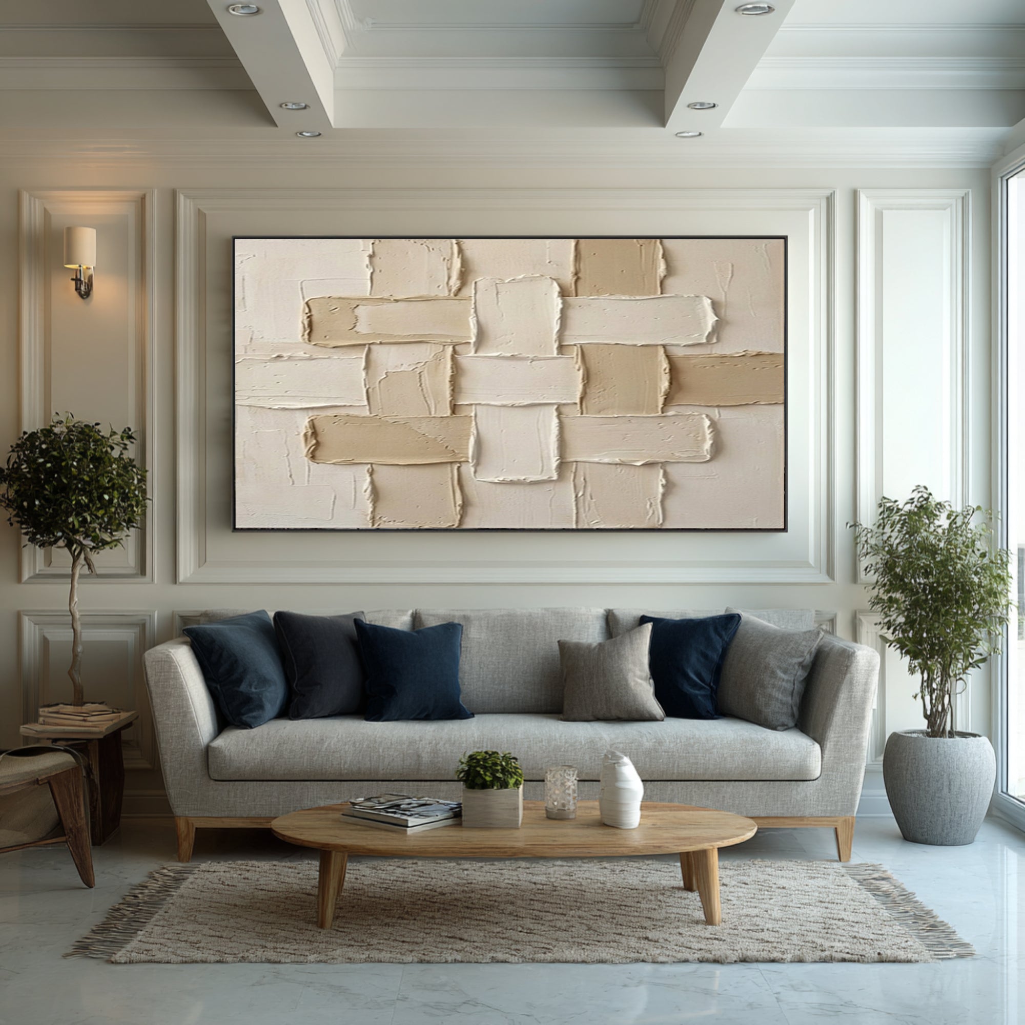 Large Neutral Woven Texture Wall Art Modern Geometric Canvas Painting
