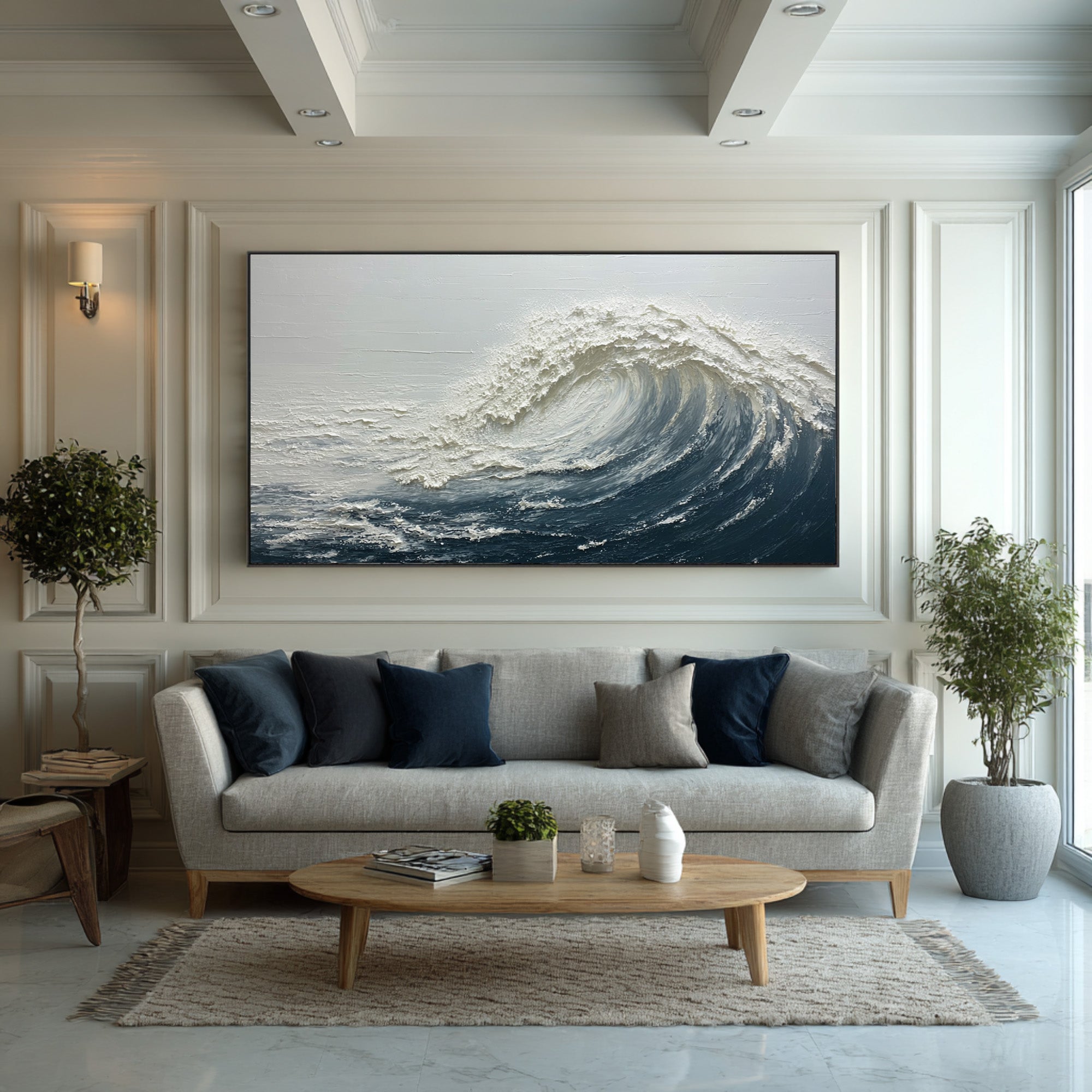 Abstract Seascape Art Blue White Waves Decor #WG 059