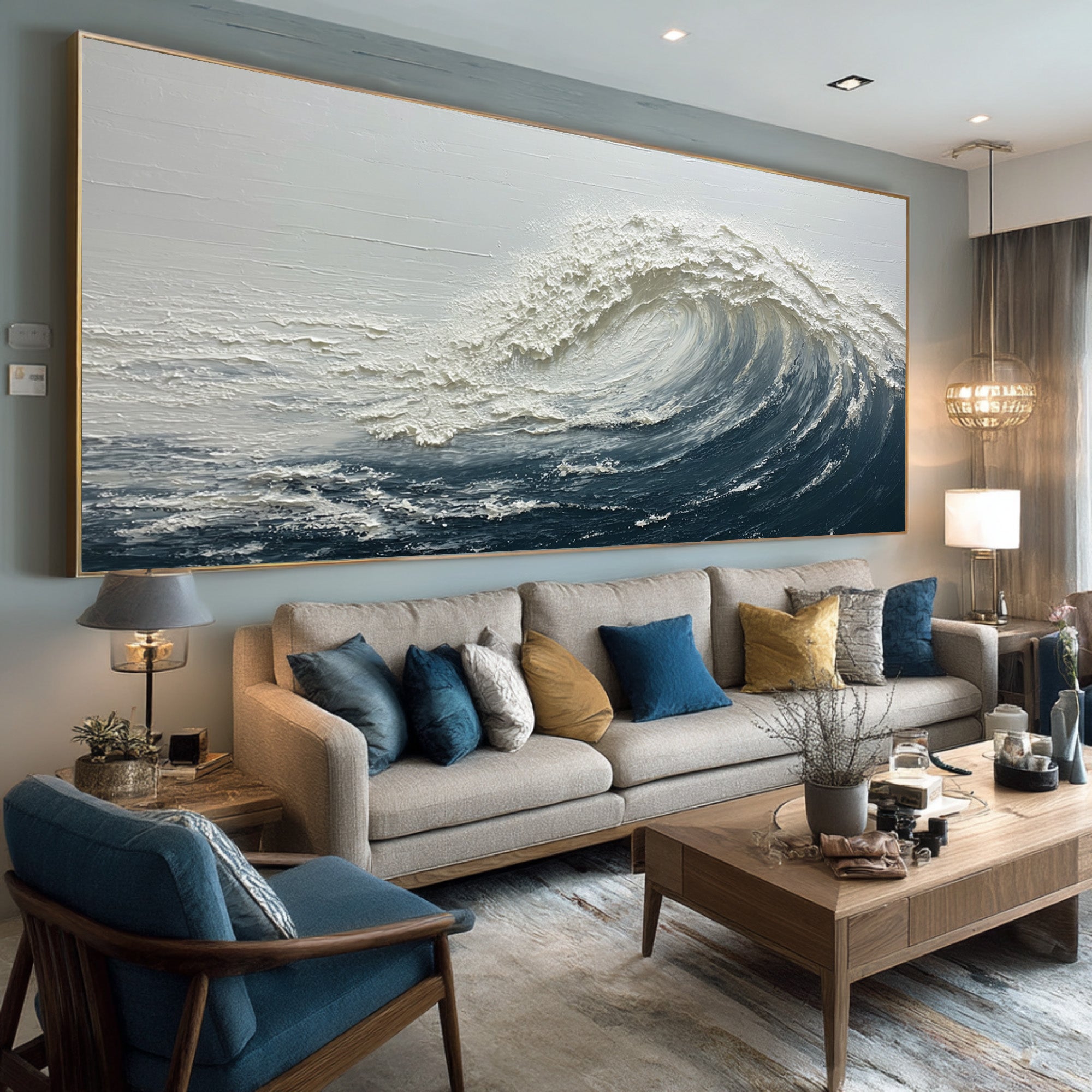 Abstract Seascape Art Blue White Waves Decor #WG 059
