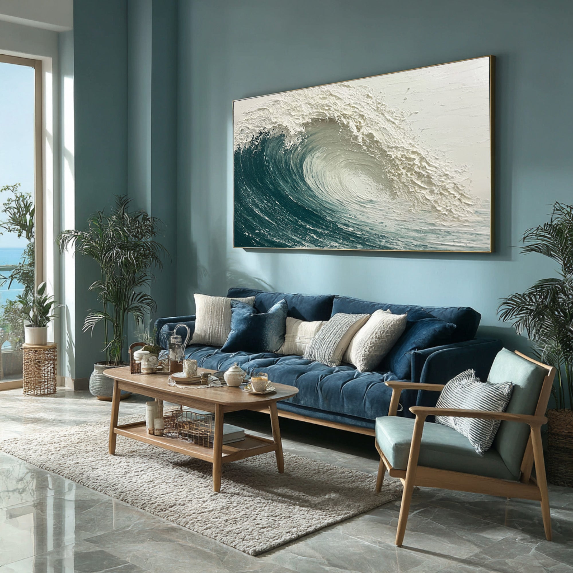 Dynamic Textured Art Modern Blue Wave Scene #WG 060