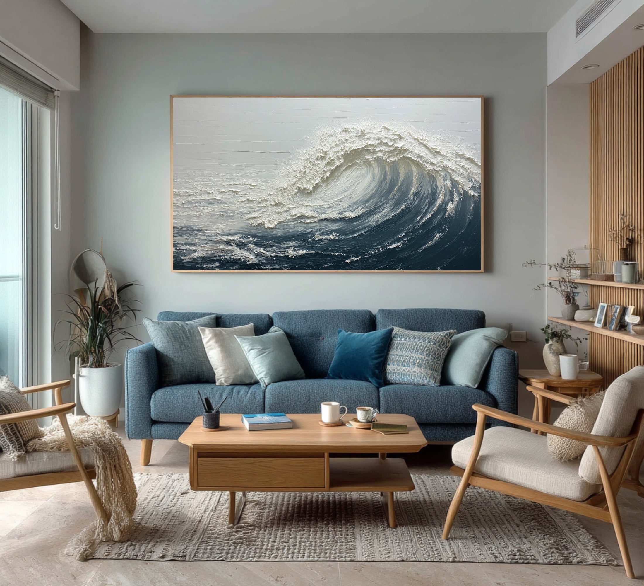 Abstract Seascape Art Blue White Waves Decor #WG 059