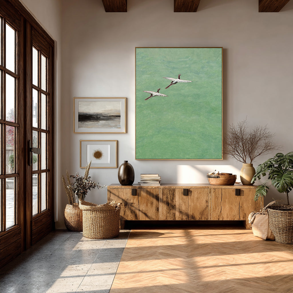 Elegant Bird Art on Green Textured Background #WG 084
