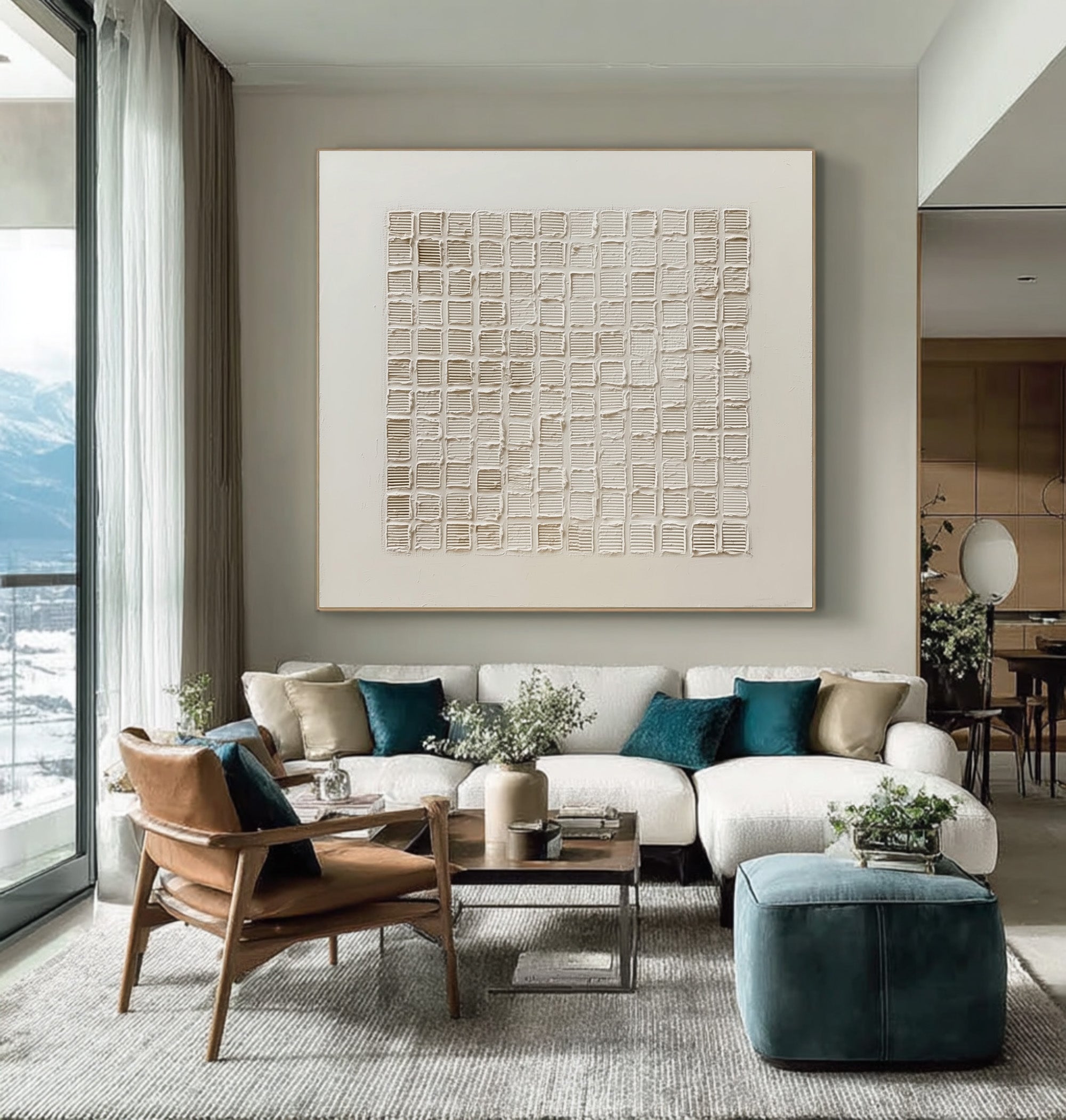 Modern Textured Wall Art White Cream Square Decor #WG 055