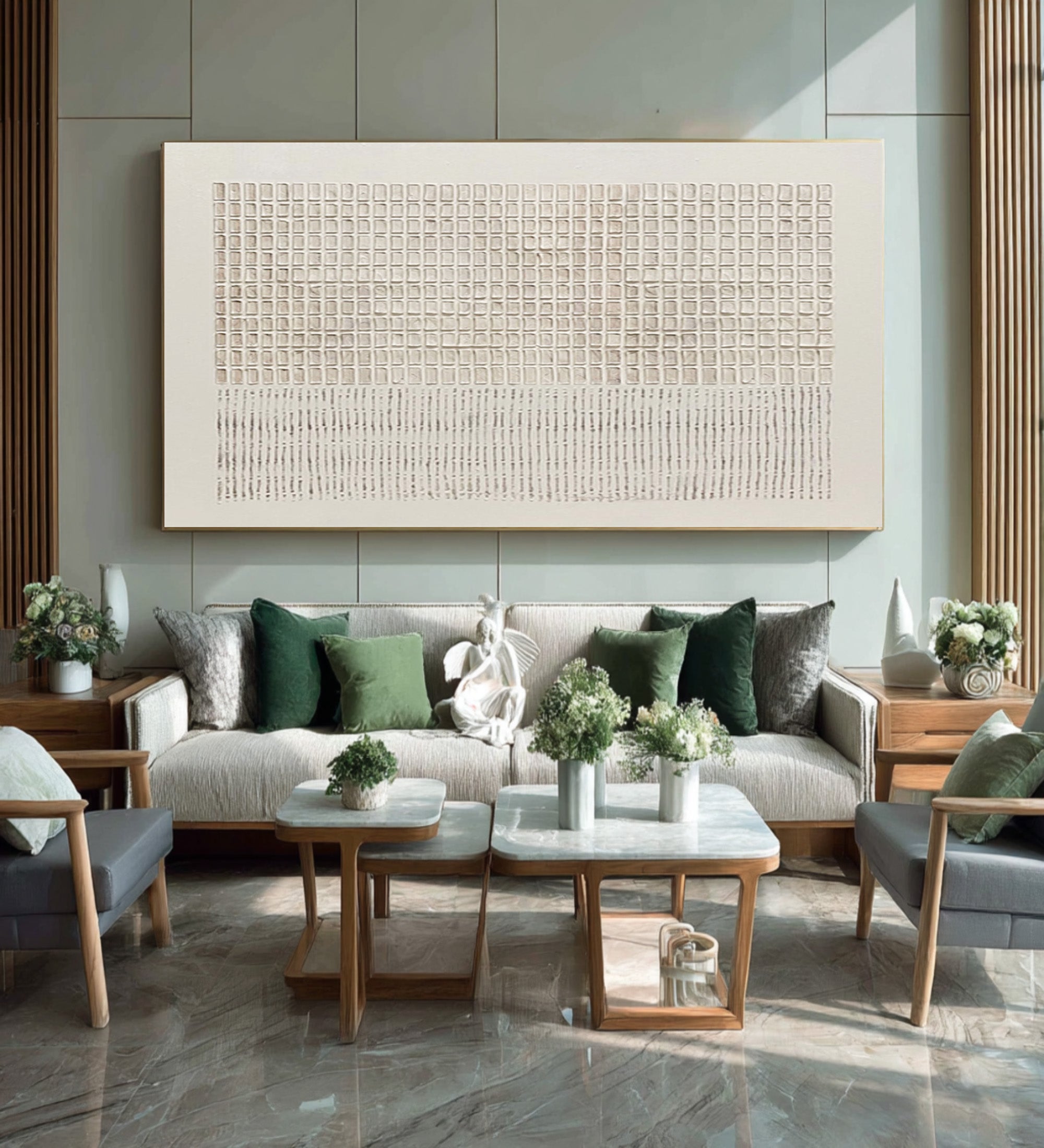 Large Modern Abstract Oil Painting, Beige Grid Textured Luxury Wall Art for Living Room #WAC 022
