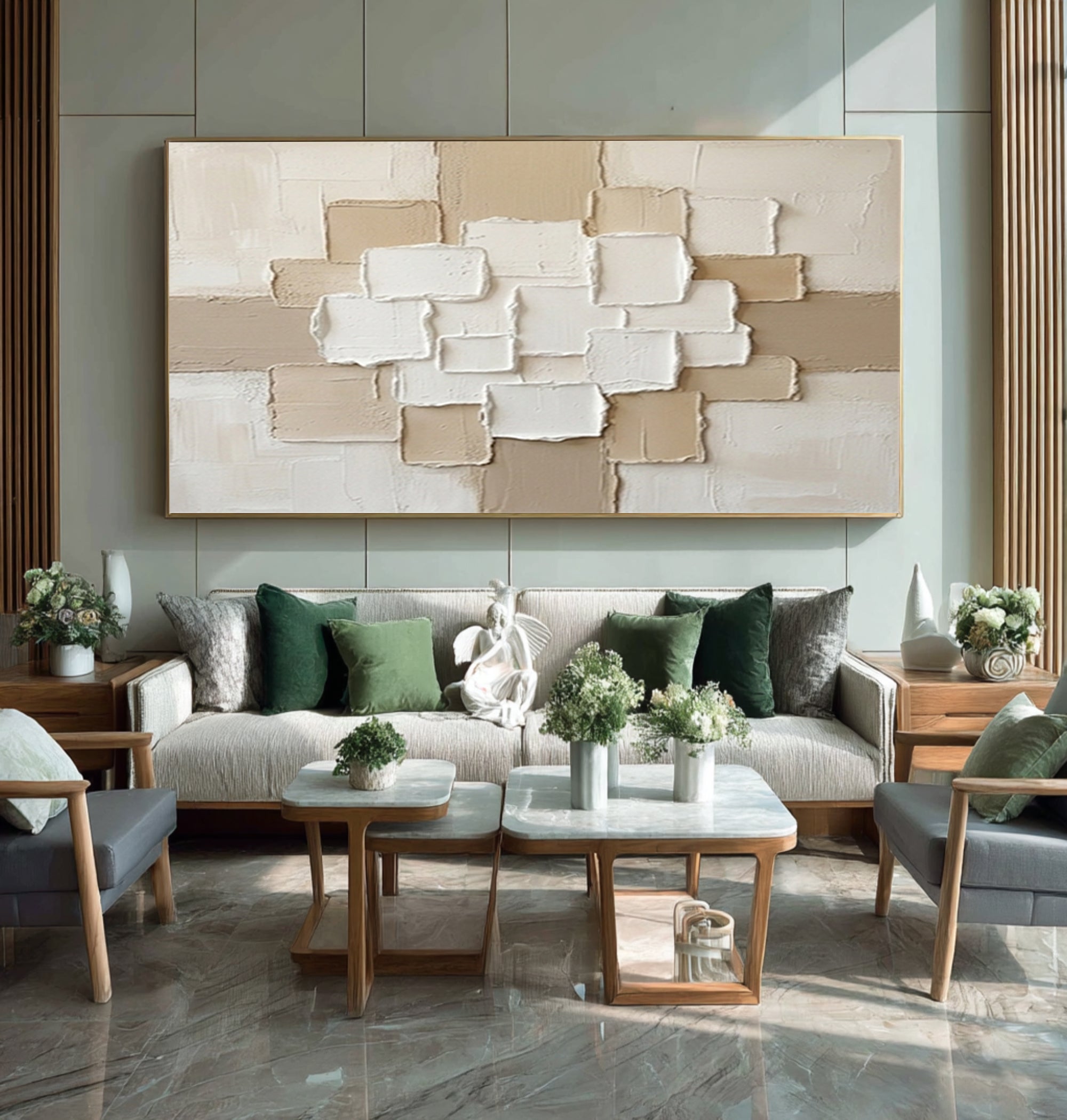 Large Beige Geometric Texture Painting Contemporary Neutral Wall Decor
