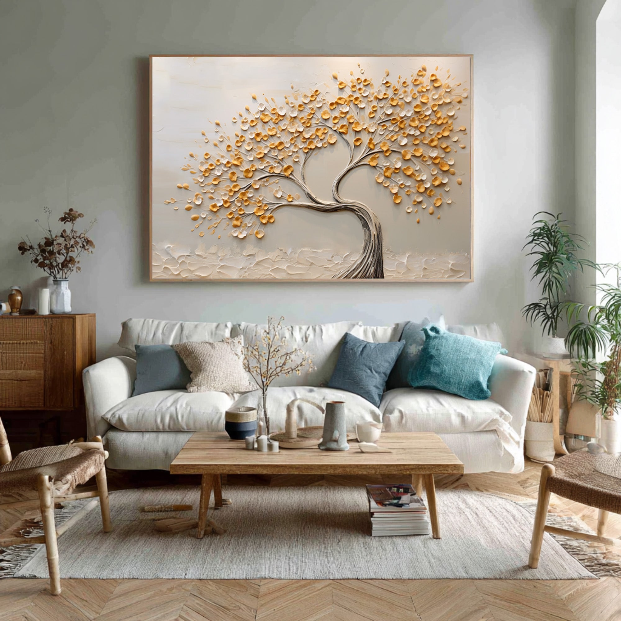 Serene Landscape Painting Abstract Golden Tree Canvas #WG 090