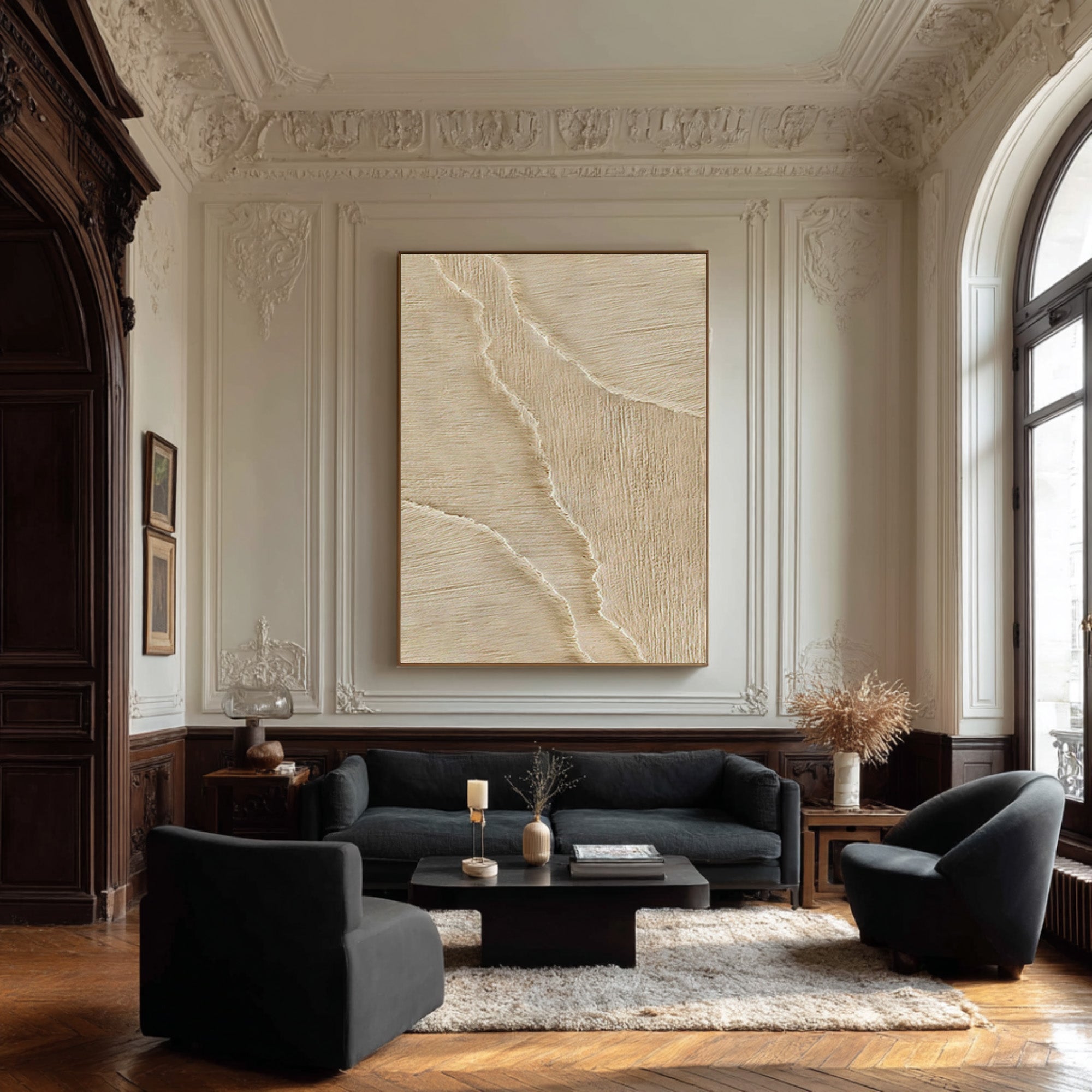 Tall Cream Relief Painting Contemporary Wall Sculpture #WG 069