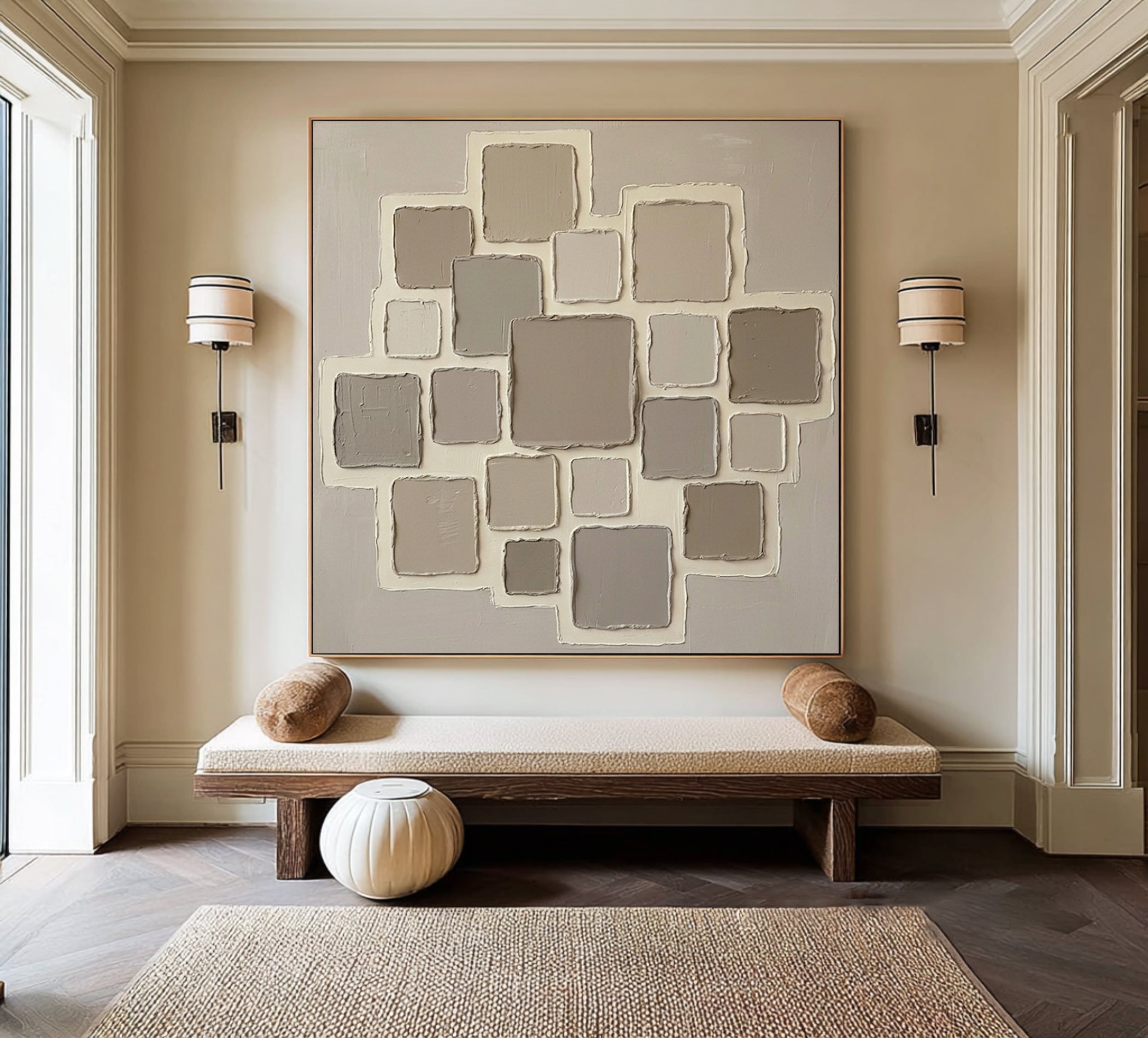 Large Neutral Geometric Oil Painting – Minimalist Beige Texture Wall Art