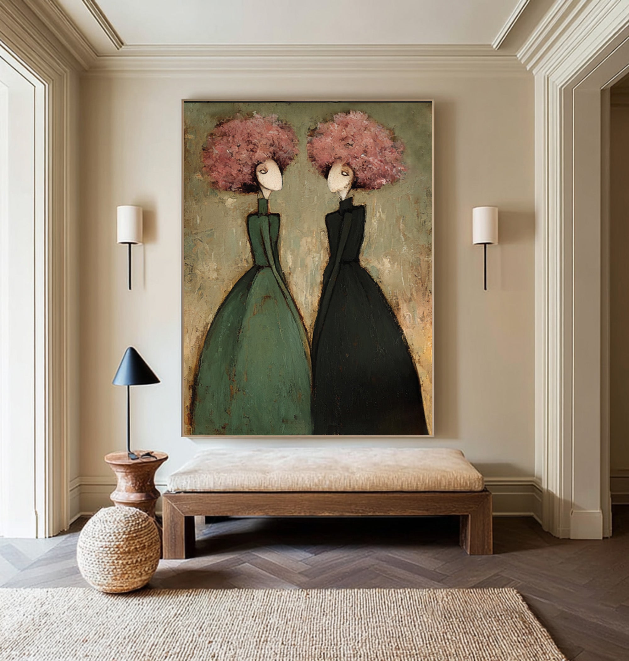 Large Contemporary Portrait Oil Painting on Canvas – Green and Pink Modern Wall Art #WAC 035
