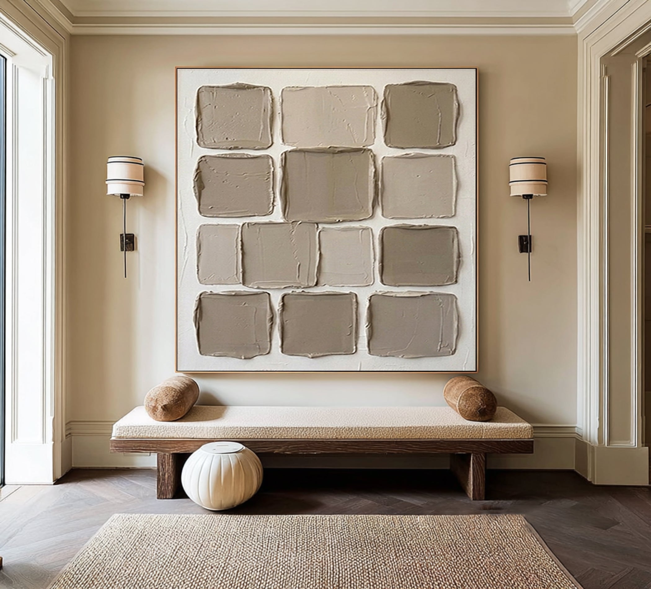 Hand Painted Neutral Relief Wall Art Contemporary Geometric Decor