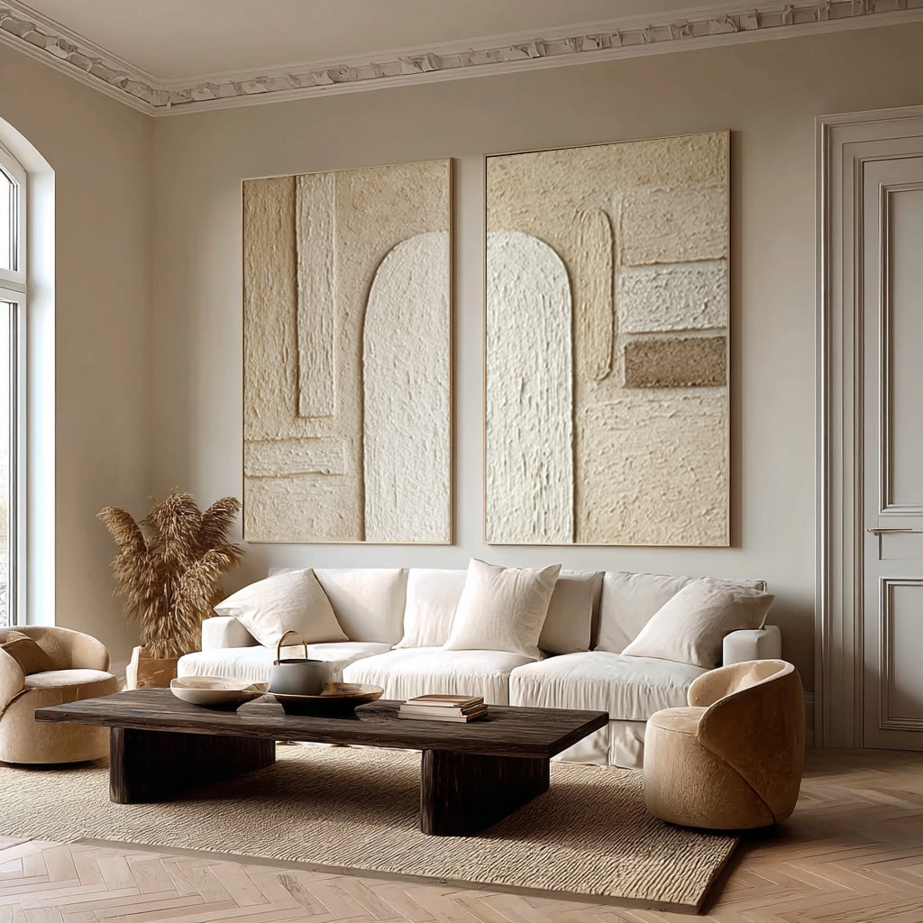 Arch Design Textured Canvas Pair Neutral Modern Decor #WG 040