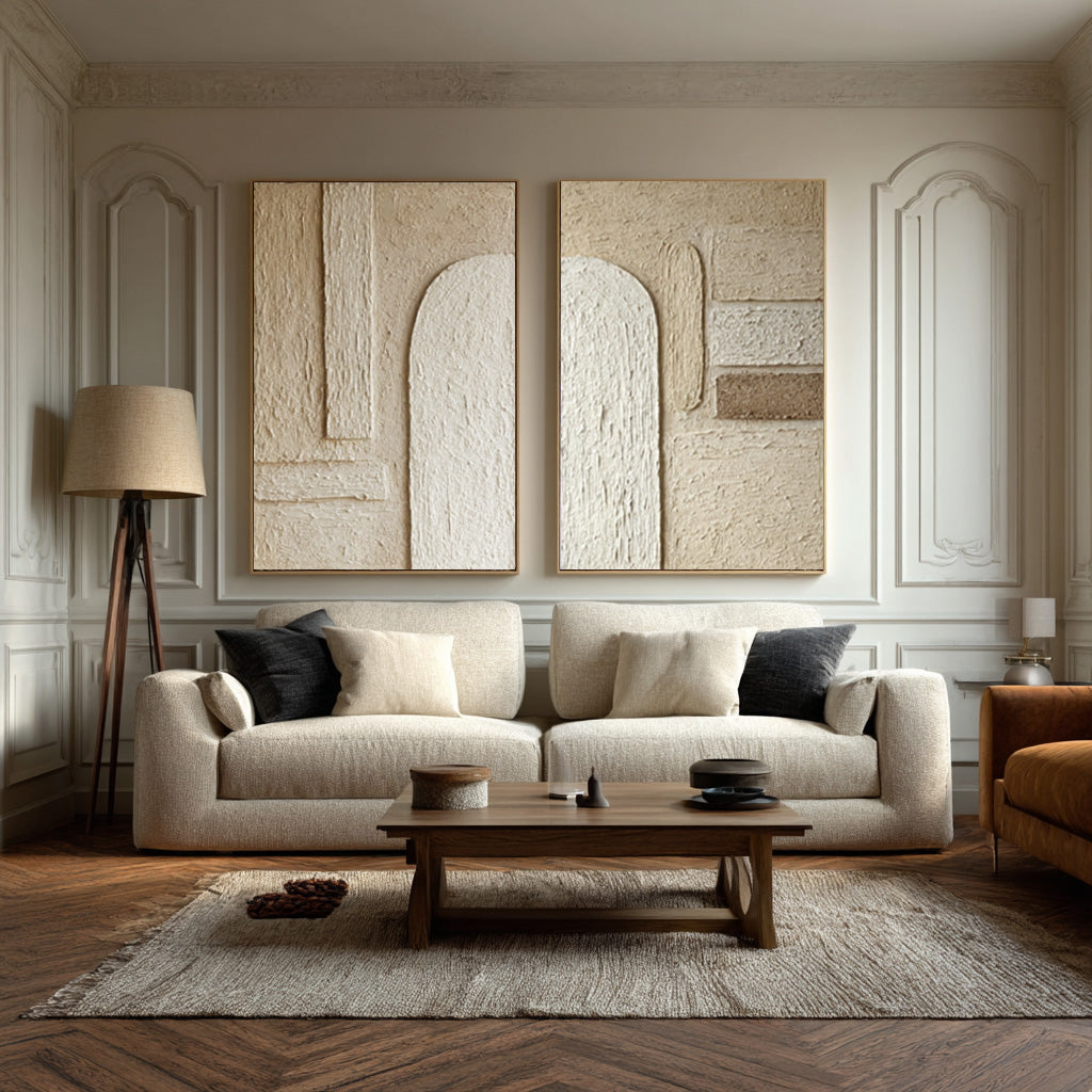 Arch Design Textured Canvas Pair Neutral Modern Decor #WG 040