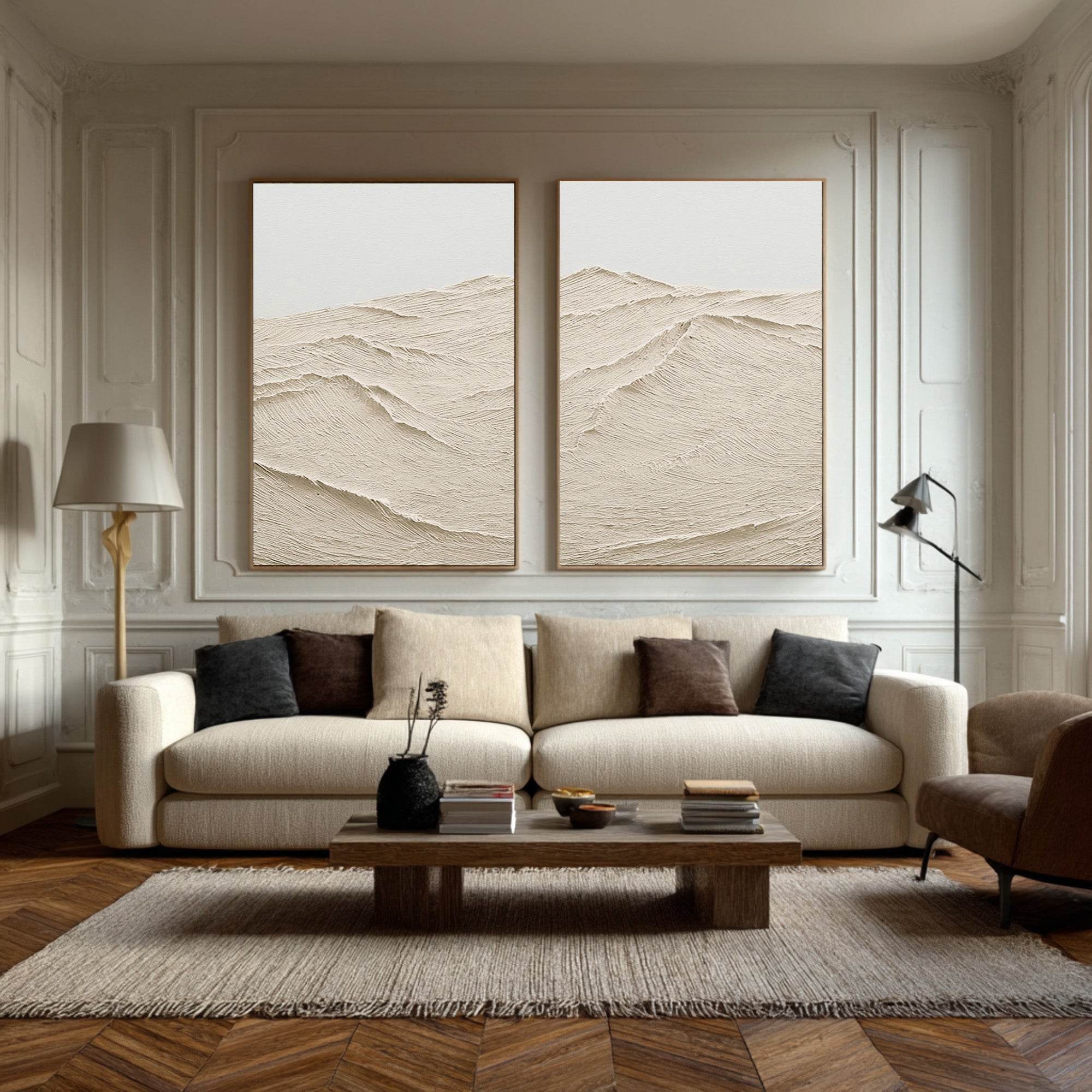 Large Paired Cream Relief Paintings Modern Gallery Style #WG 072