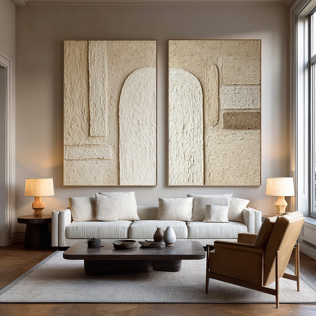 Arch Design Textured Canvas Pair Neutral Modern Decor #WG 040