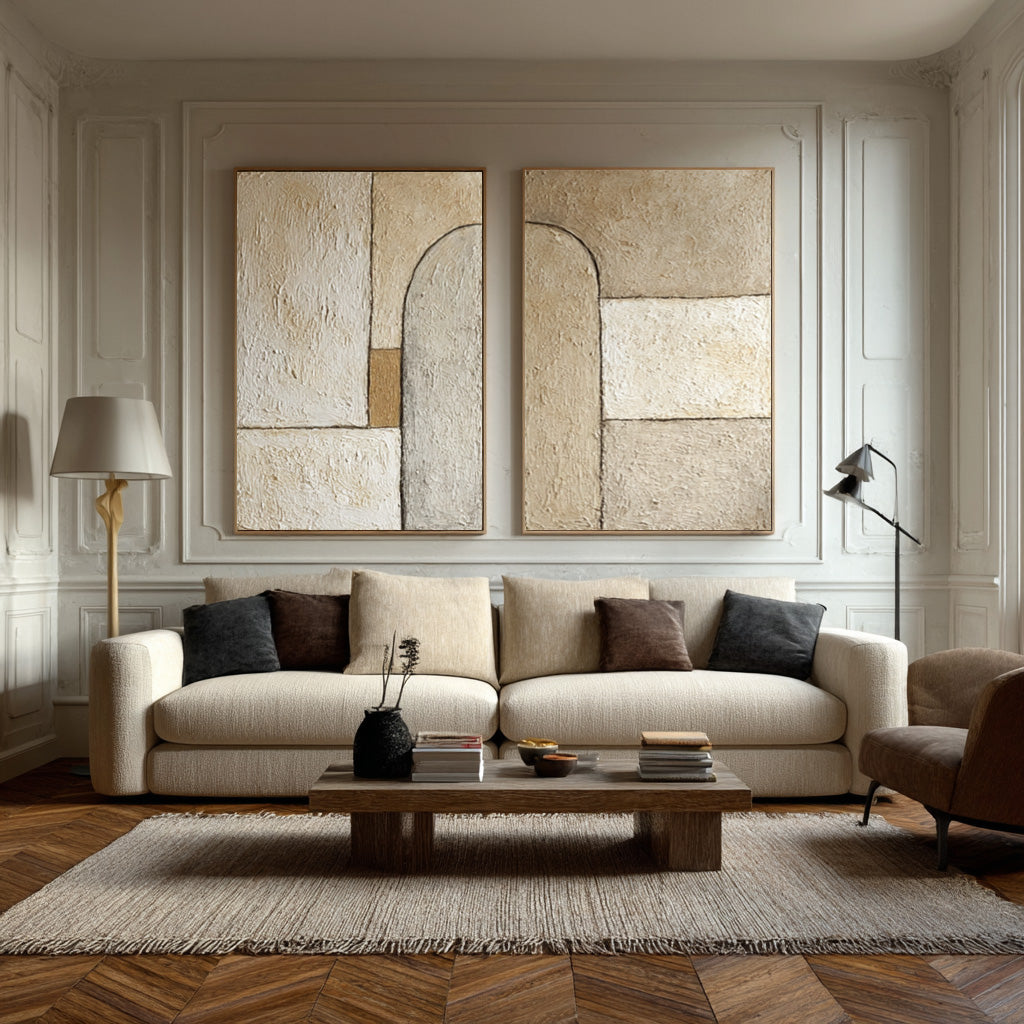 Minimalist Beige & Brown Abstract Diptych Painting #WG 078