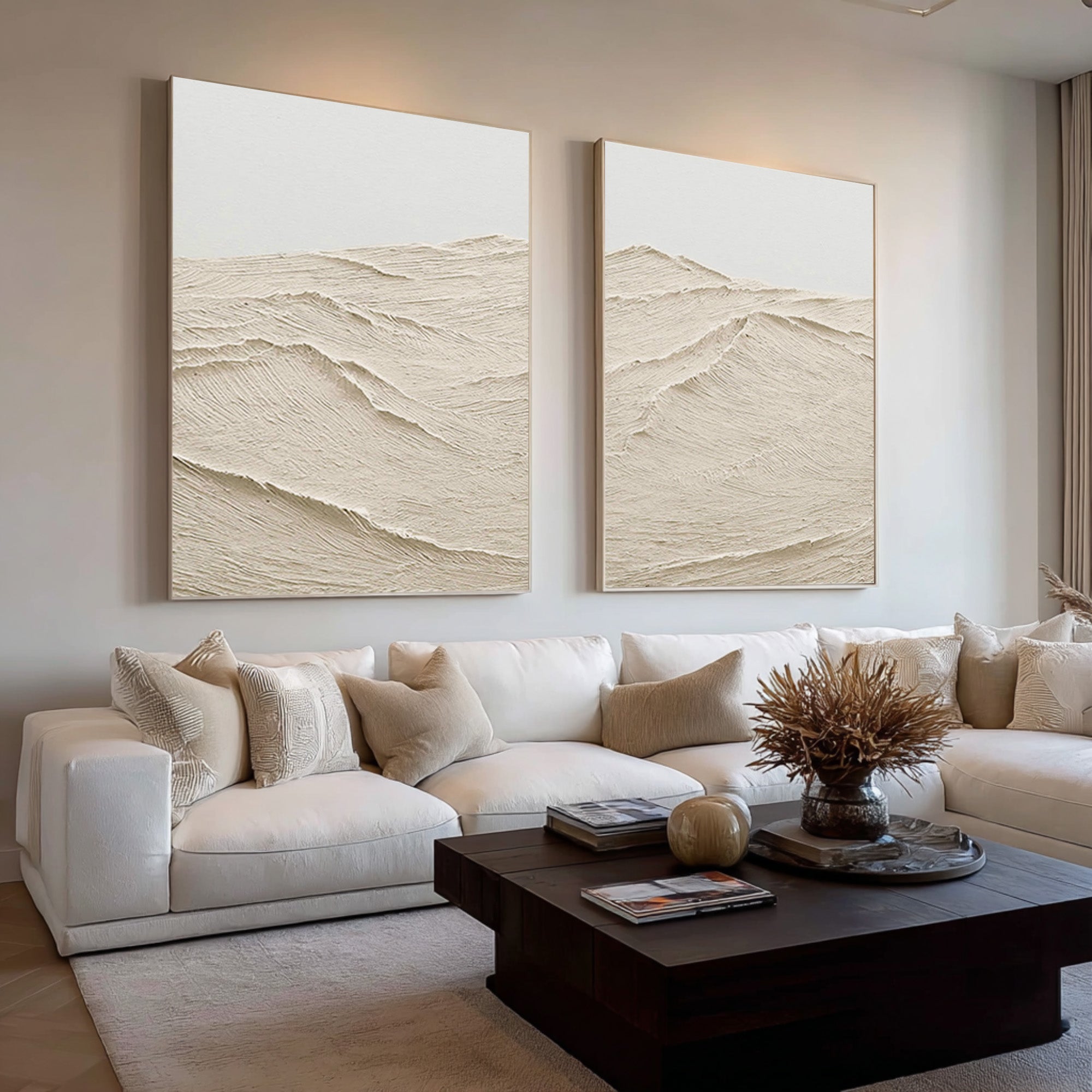 Large Paired Cream Relief Paintings Modern Gallery Style #WG 072