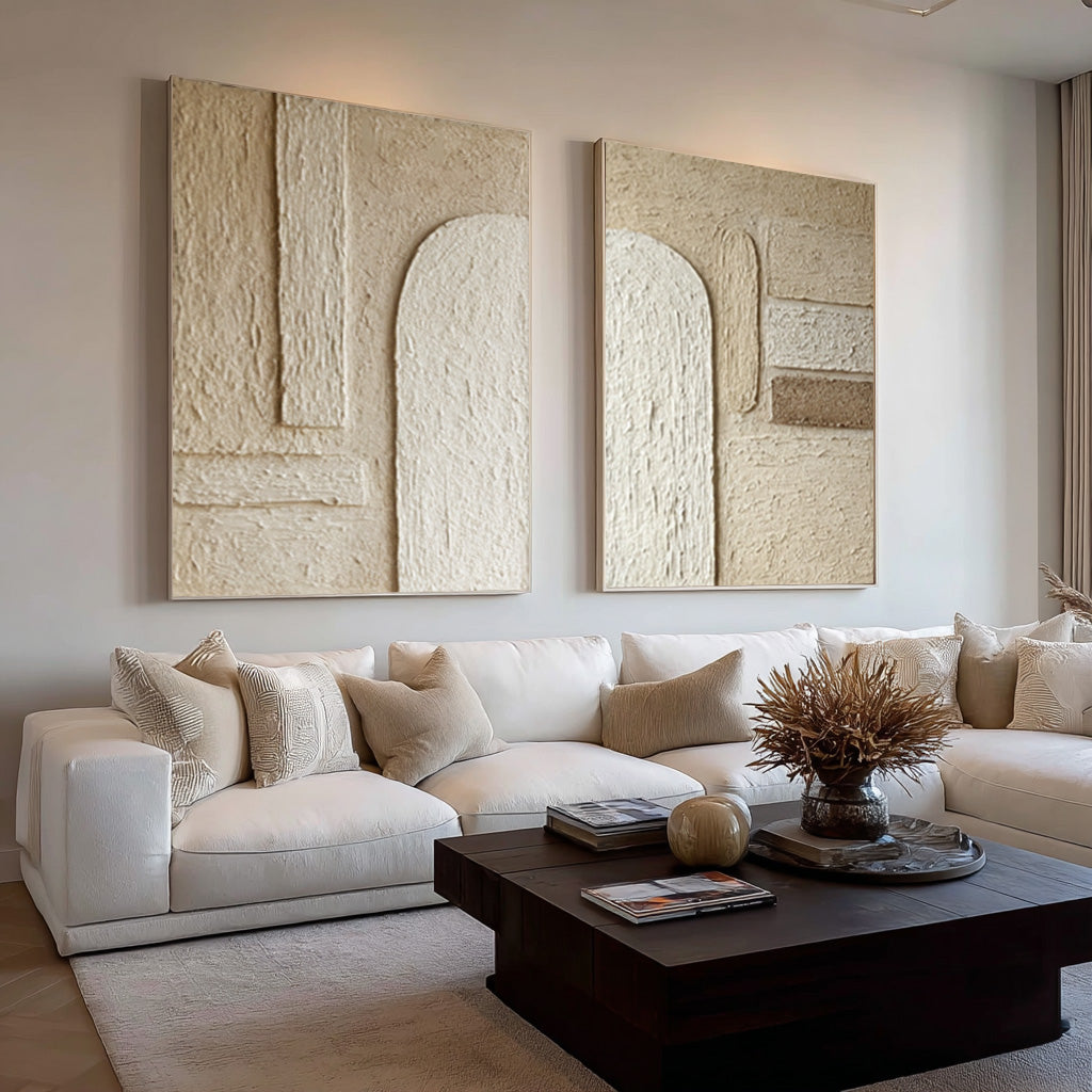 Arch Design Textured Canvas Pair Neutral Modern Decor #WG 040