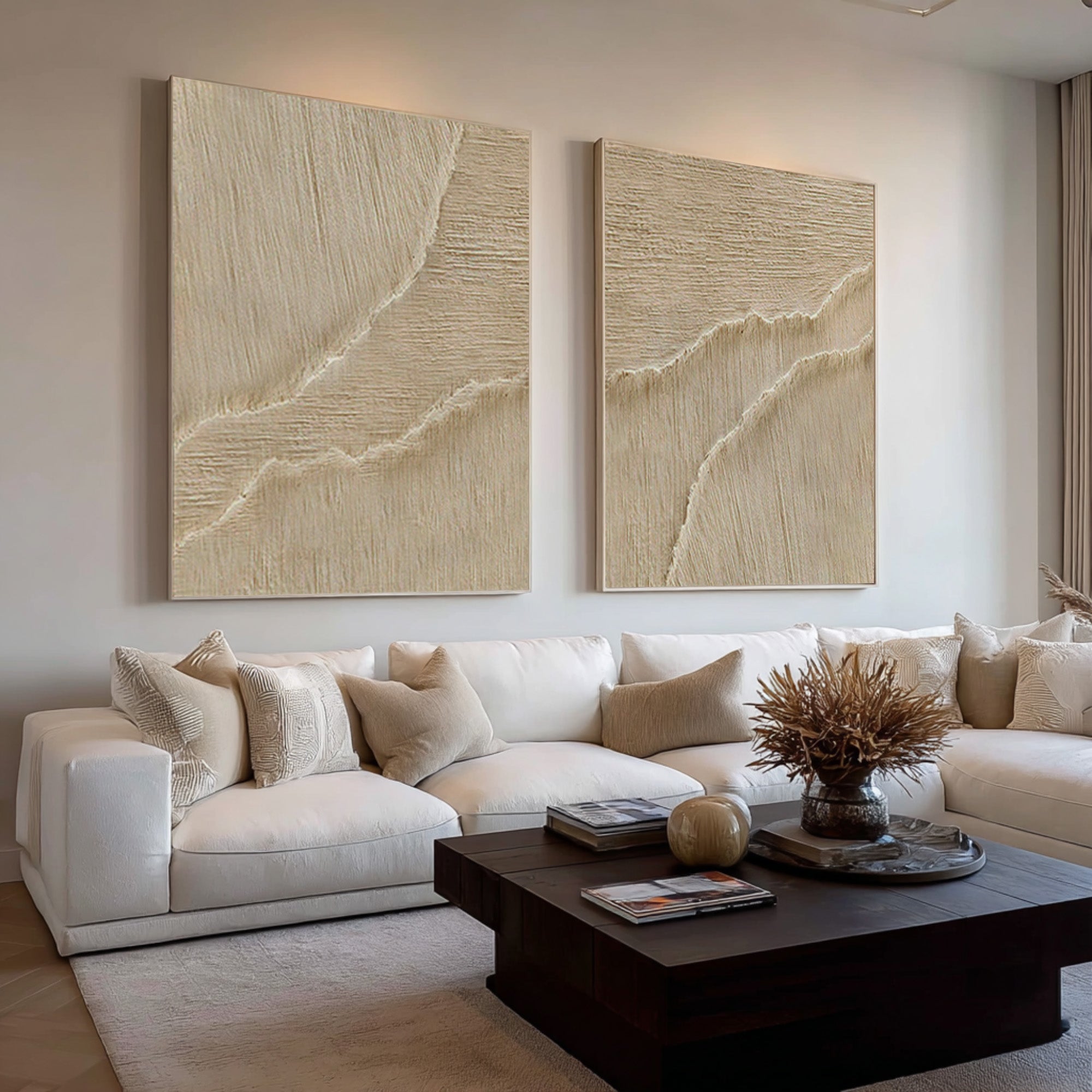 Paired Cream Relief Paintings Modern Wall Gallery Decor #WG 071