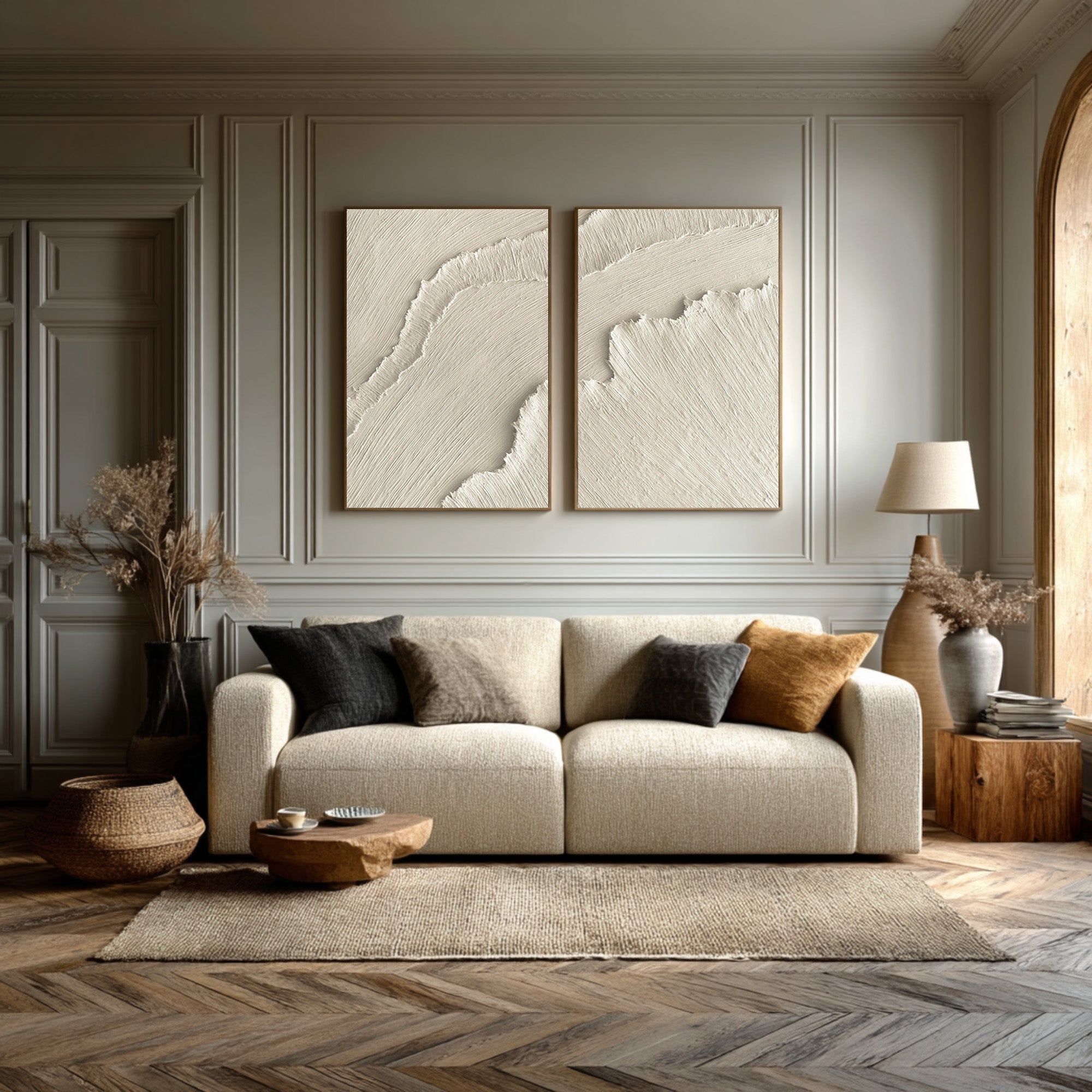 Elegant Beige Textured Art Pair Architectural Interior #WG 073
