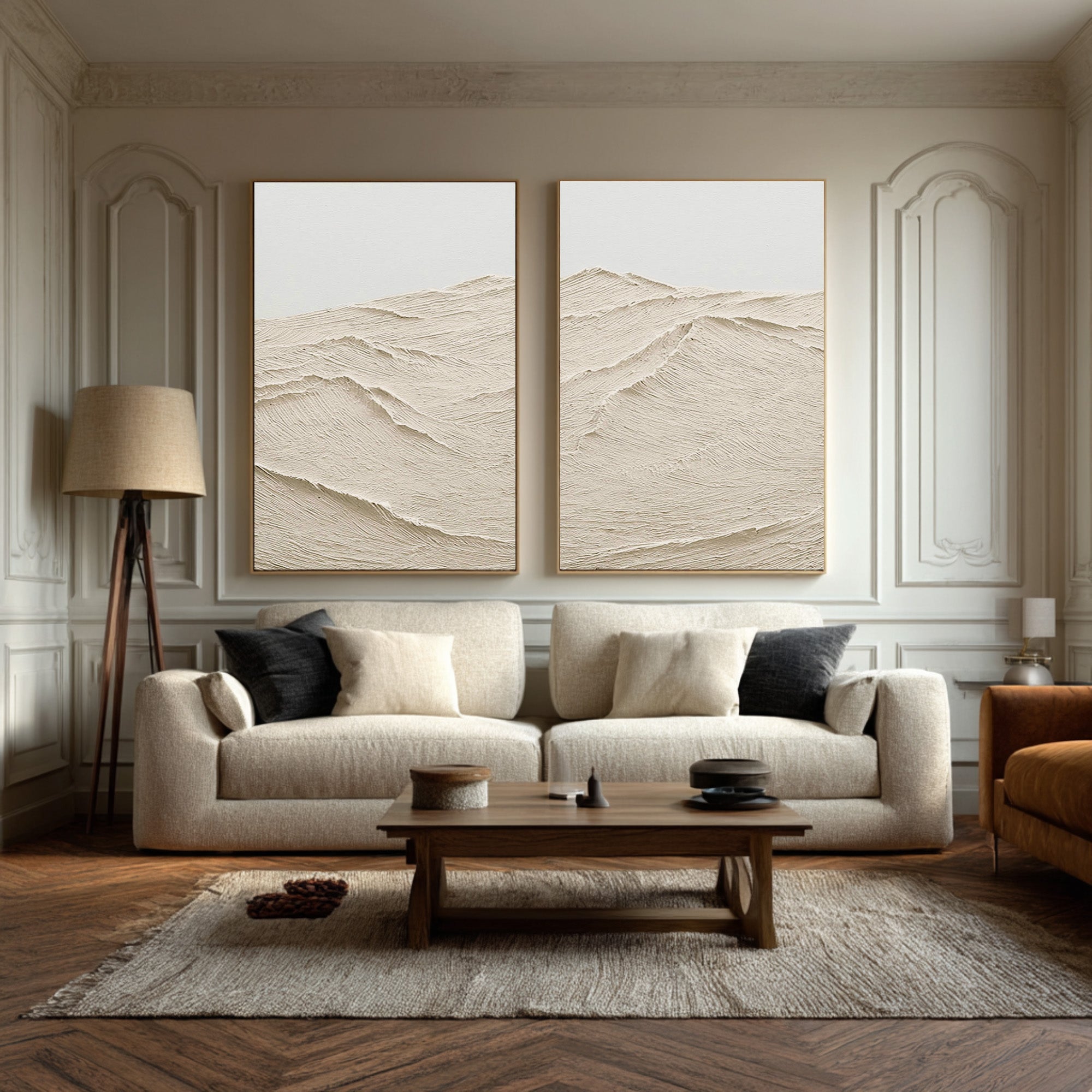 Large Paired Cream Relief Paintings Modern Gallery Style #WG 072