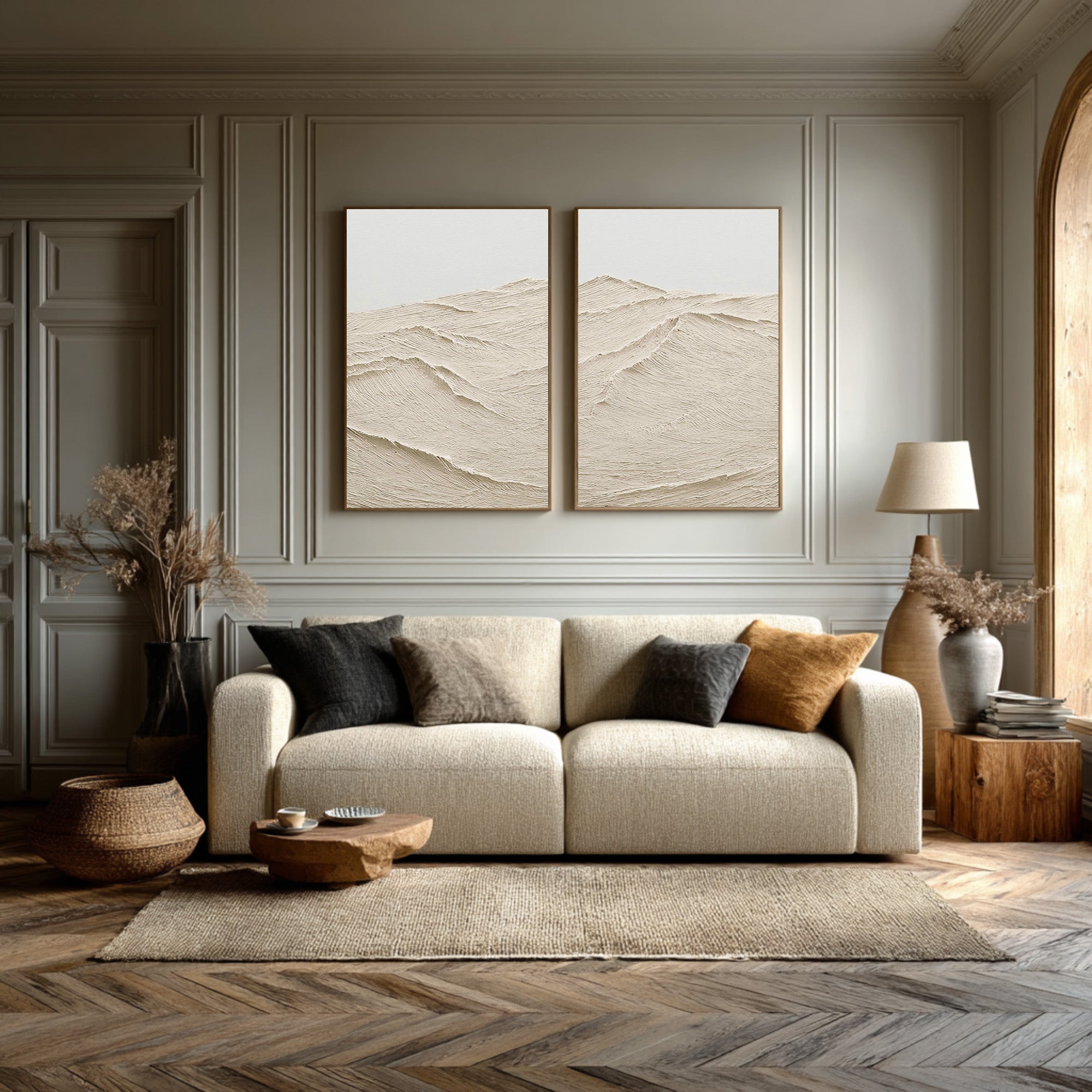 Large Paired Cream Relief Paintings Modern Gallery Style #WG 072