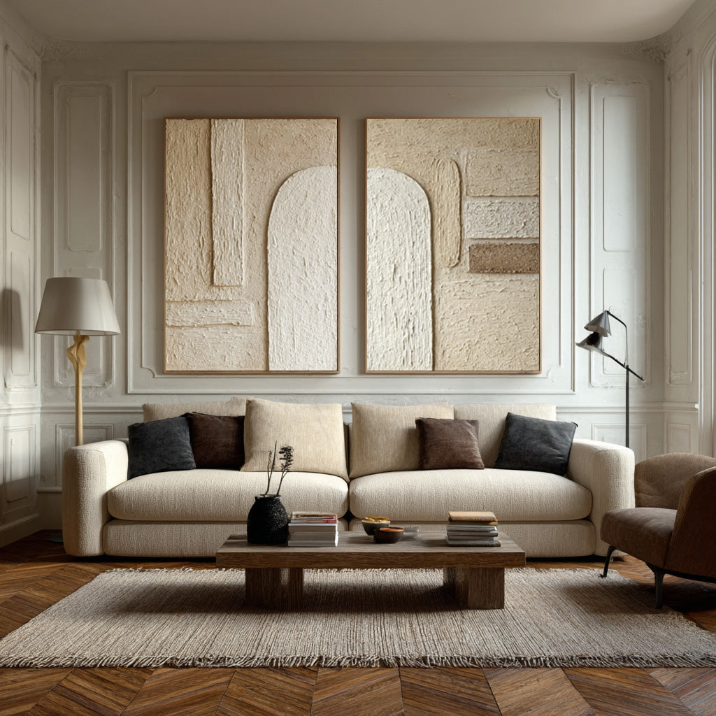 Arch Design Textured Canvas Pair Neutral Modern Decor #WG 040