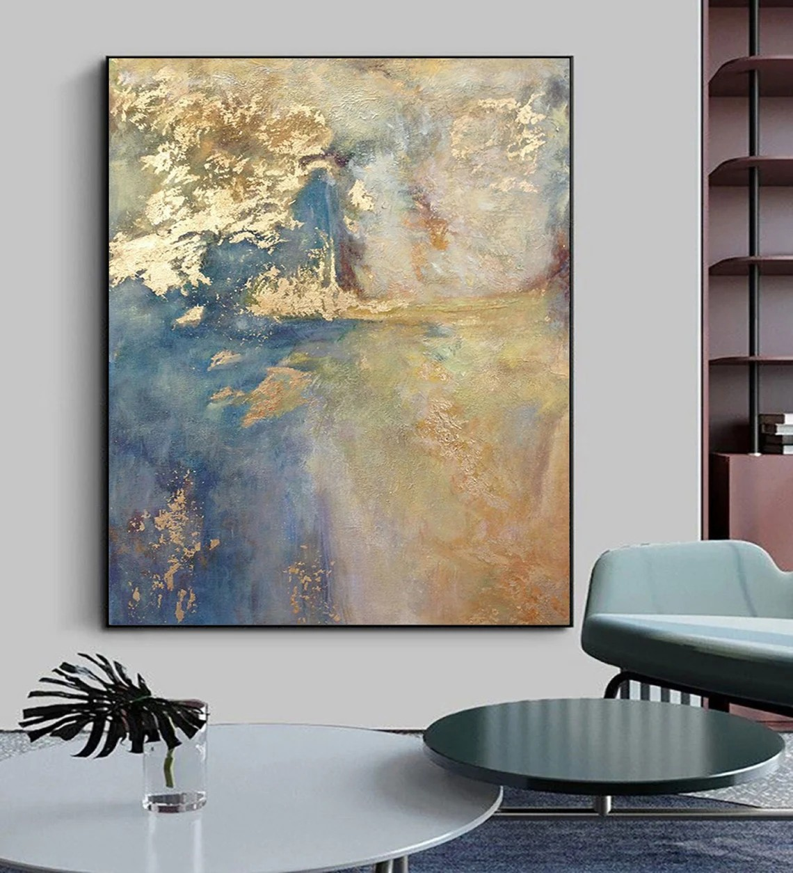 Modern Light Blue and Gold Art, Metallic Accents Canvas #BGA 147